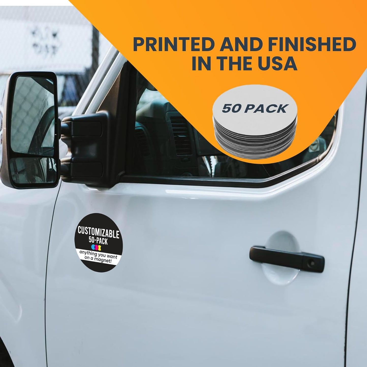 Magnet Me Up Customizable 30 Mil Round Magnet- 5”, 50 PK Weatherproof Car Magnet for Businesses, Sports Teams, Fundraisers & Personal Expression- Custom Text & Logo- Strong Magnetic Vinyl for Vehicles