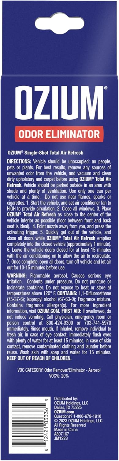 OZIUM Air Freshener Odor Eliminator, 2oz Single Shot Total Air Refresh & Car Air Freshener – Carbon Black – 4 Pack