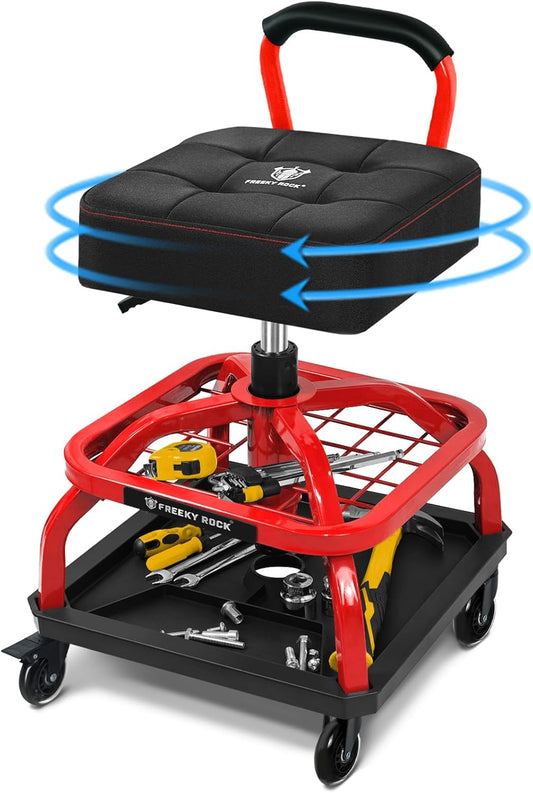 Rolling Shop Stool with Wheels, Garage Mechanic Shop Chair with Handle Backrest, Adjustable Height Work Stool, Roller Seat with Tool Tray Storage, Heavy Duty, 330 LBS Capacity, Red