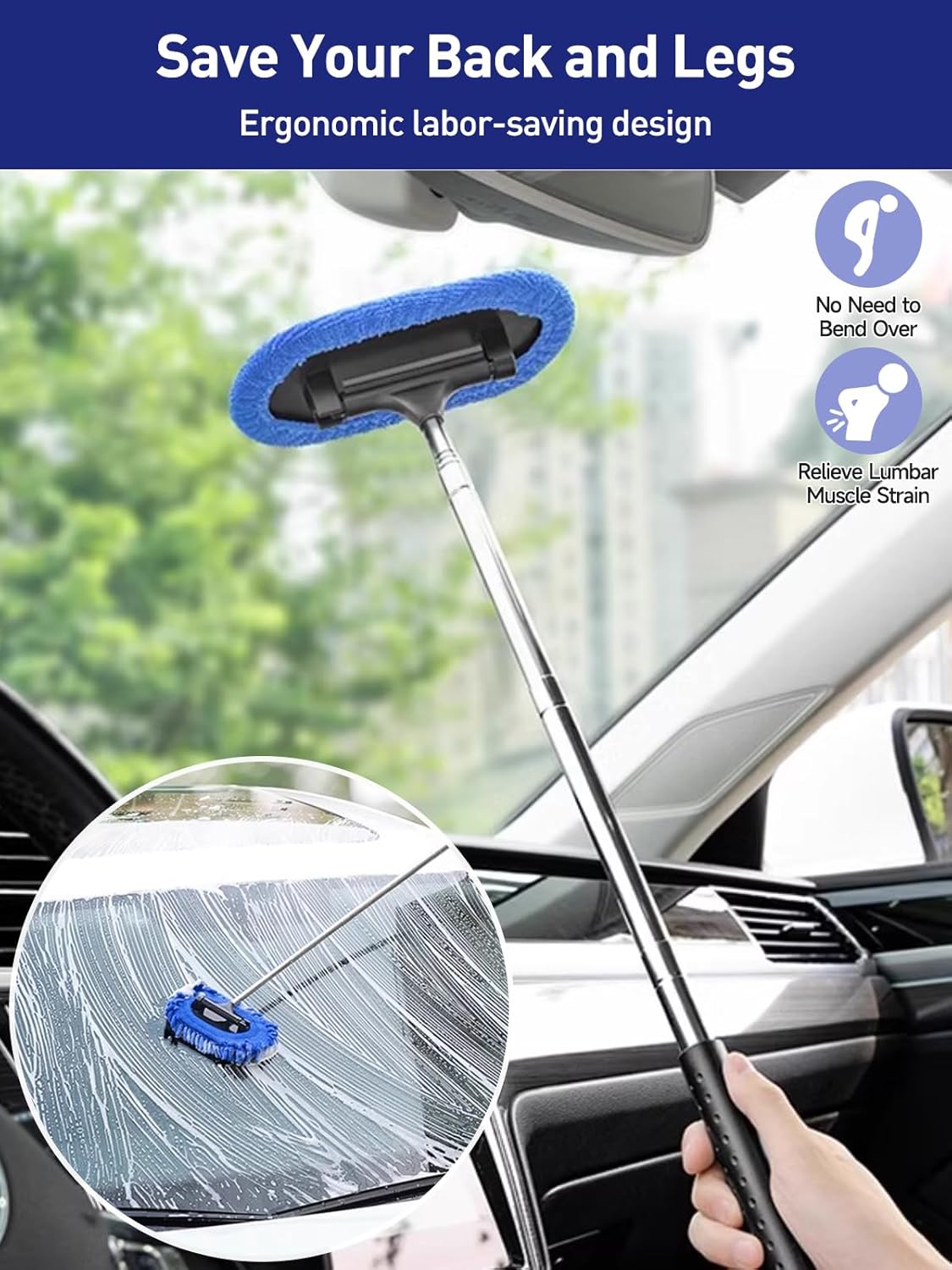 3 in 1 Car Windshield Cleaner Tool 40”Car Rearview Mirror Wiper Squeegee Wash Brush Extra Large Washable Microfiber Pad Extendable Handle Auto Window Glass Cleaning Kit Interior Exterior Dusting