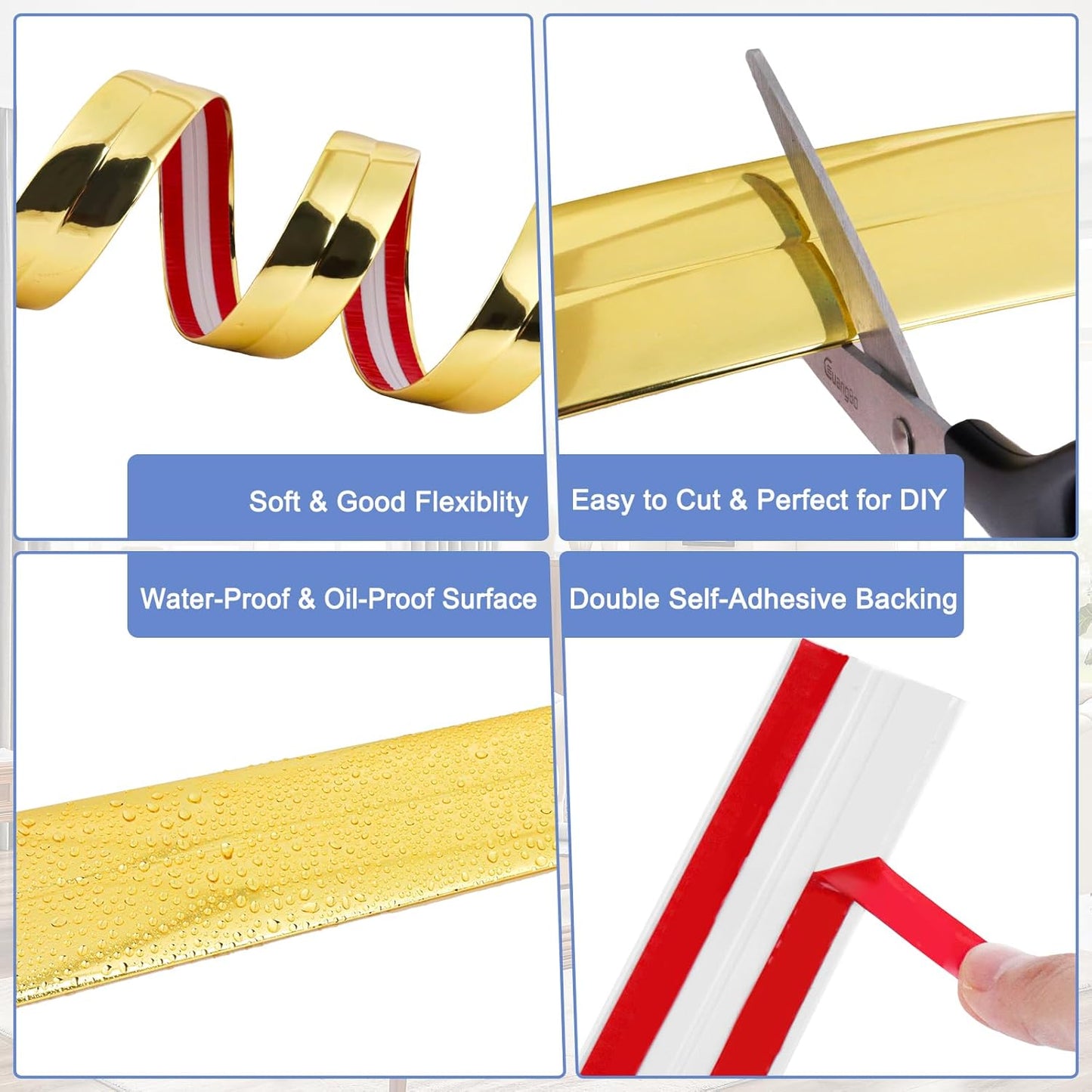 Wall Corner Protector Moulding Trim Peel and Stick Wall Corner Guards Trim Flexible Self Adhesive Edge Protector Moulding, 1.6 in x 10 Ft, Gold