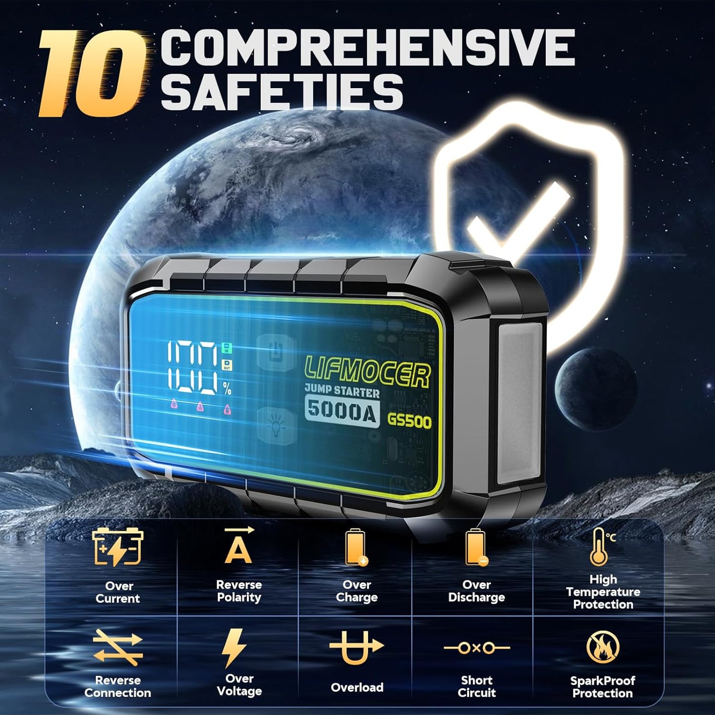 GS500 Car Jump Starter - 5000A Car Battery Jump Starter for Up to All Gas and 10.0L Diesel Engines, 12V Portable Jump Box with Storage Case USB Quick Charge, and LCD Display