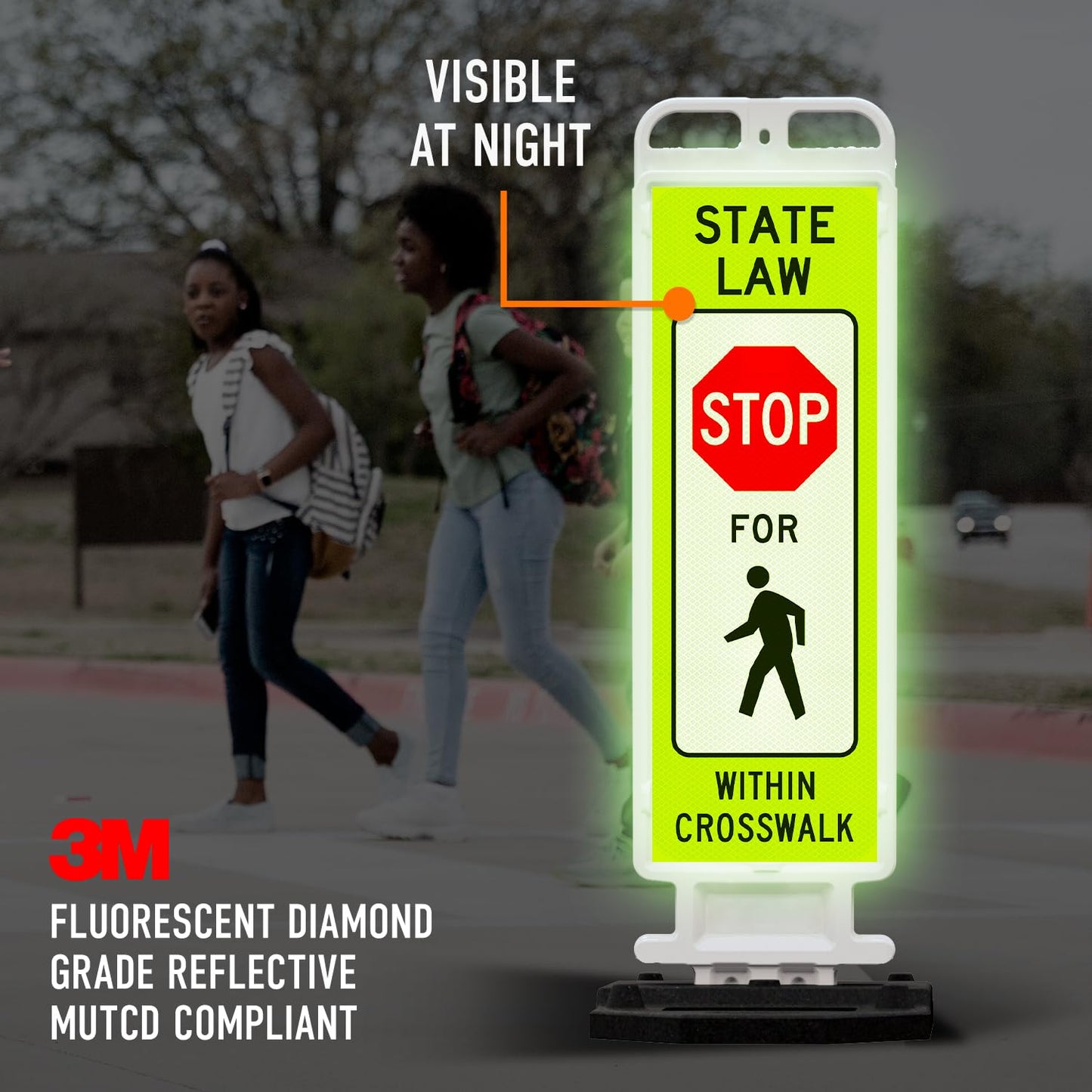 State Law Stop for Pedestrian Within Crosswalk MUTCD R1-6a Sign, Double Sided 3M Engineer Grade Reflective, Portable Rubber Base, Impact Resistant Plastic Frame
