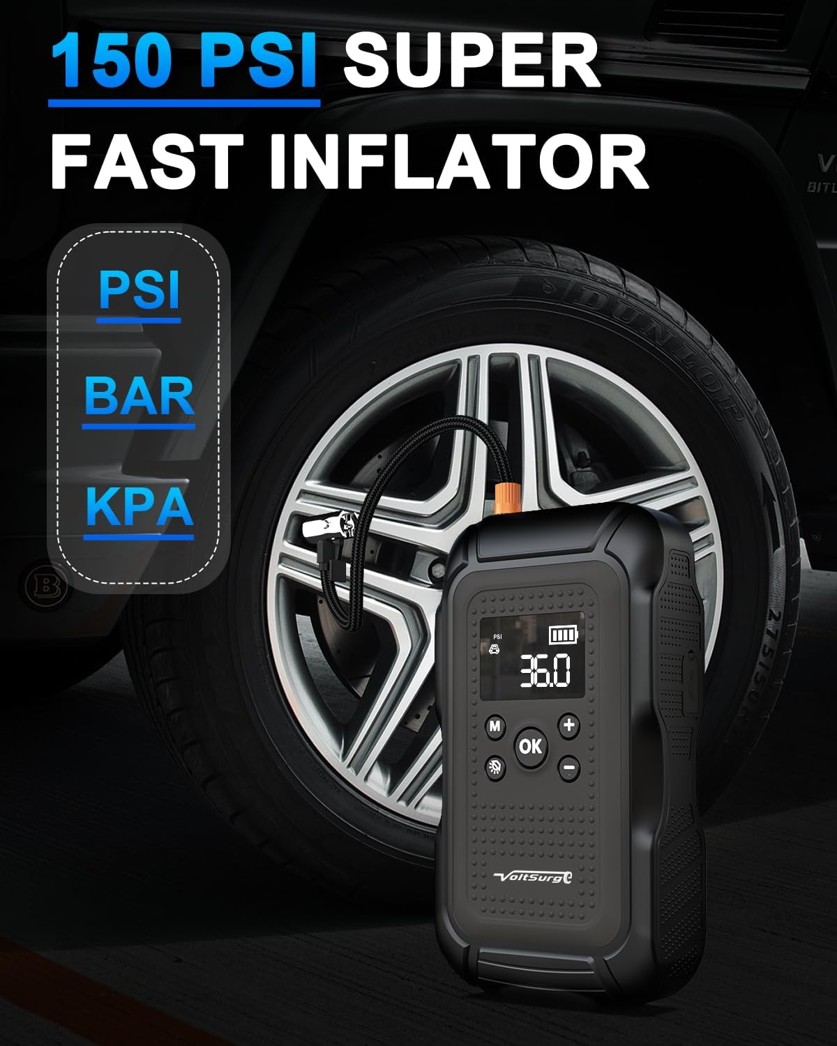 7000A Jump Starter with Air Compressor, VoltSurge 150PSI Battery Charger Pack (All Gas/10.0L Diesel), 12V Battery Jumper Starter Portable, Car Jump Box with Large LCD Display