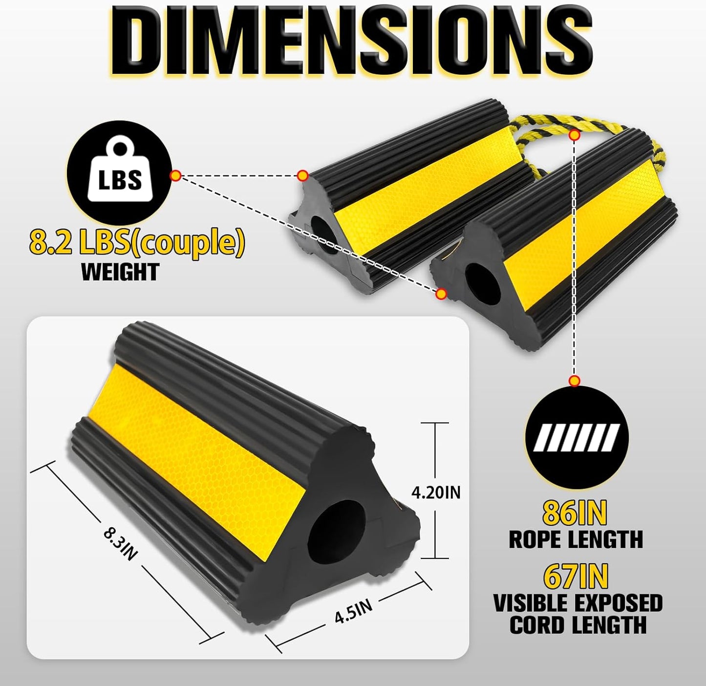 Heavy-Duty Wheel Chocks with Extra-Long Safety Rope (86") - 2-Pack Reflective Rubber Blocks for Trailers, Trucks, Campers & Garage Use (4pair/8pack with Rope)