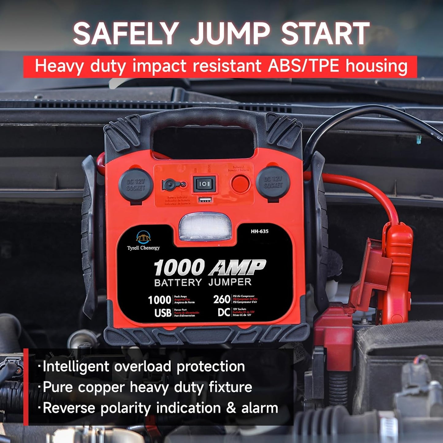 Car Battery Jump Starter with Air Compressor Portable Tire Inflator,260PSI 1000Amp Battery Booster Jumper Box(Up to 5L Gas or 5L Diesel) Power Station 12V DC Outlet USB Port,LED Light