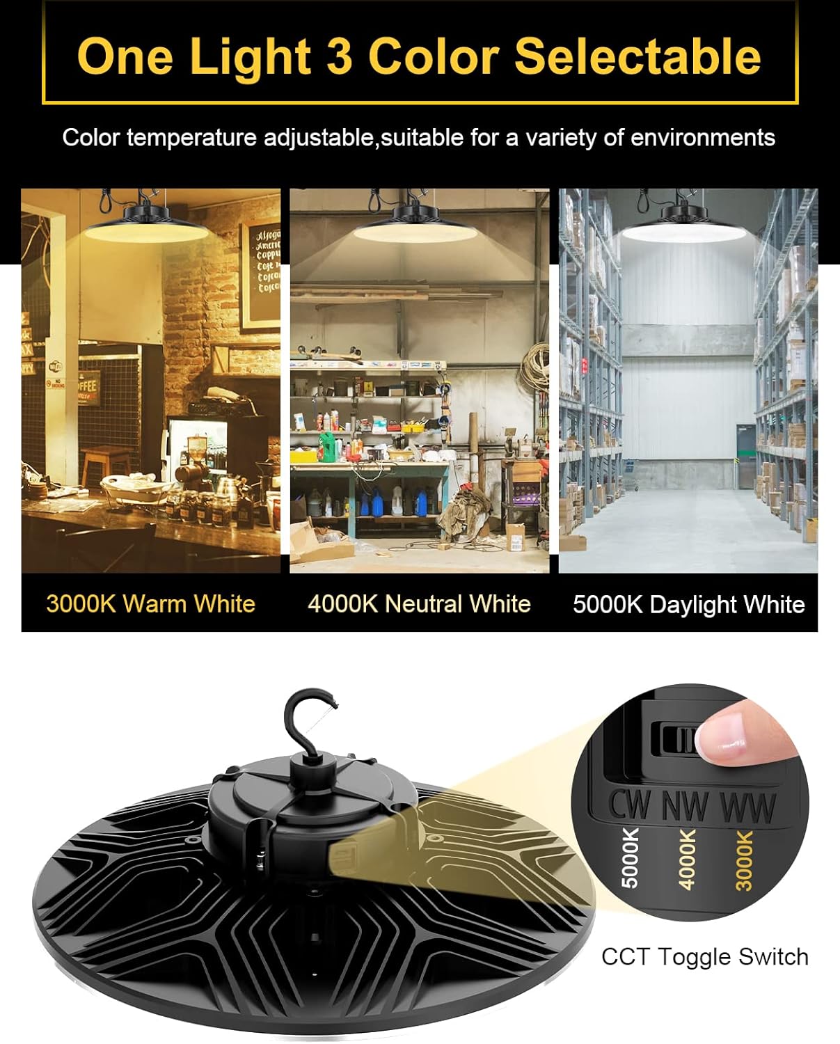 UFO LED High Bay Light, 240W/200W/150W Adjustable, UL & DLC Listed 5000K/4000K/3000K Adjustable, 33600LM 0-10V Dimmable IP65 Waterproof High Bay Lights AC100-277V for Warehouse Factory(9 Pack)