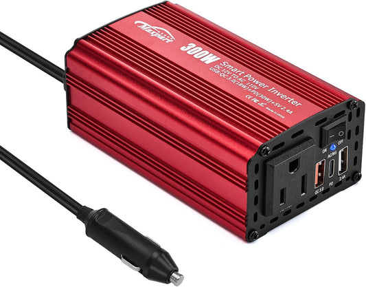 300W Car Power Inverter,12V DC to 110V AC Inverter Converter for Vehicles, PD (Type-C) QC3.0 and 2.4A USB Car Adapter with Cigarette Lighter Ports for Smartphones Laptops Tablets