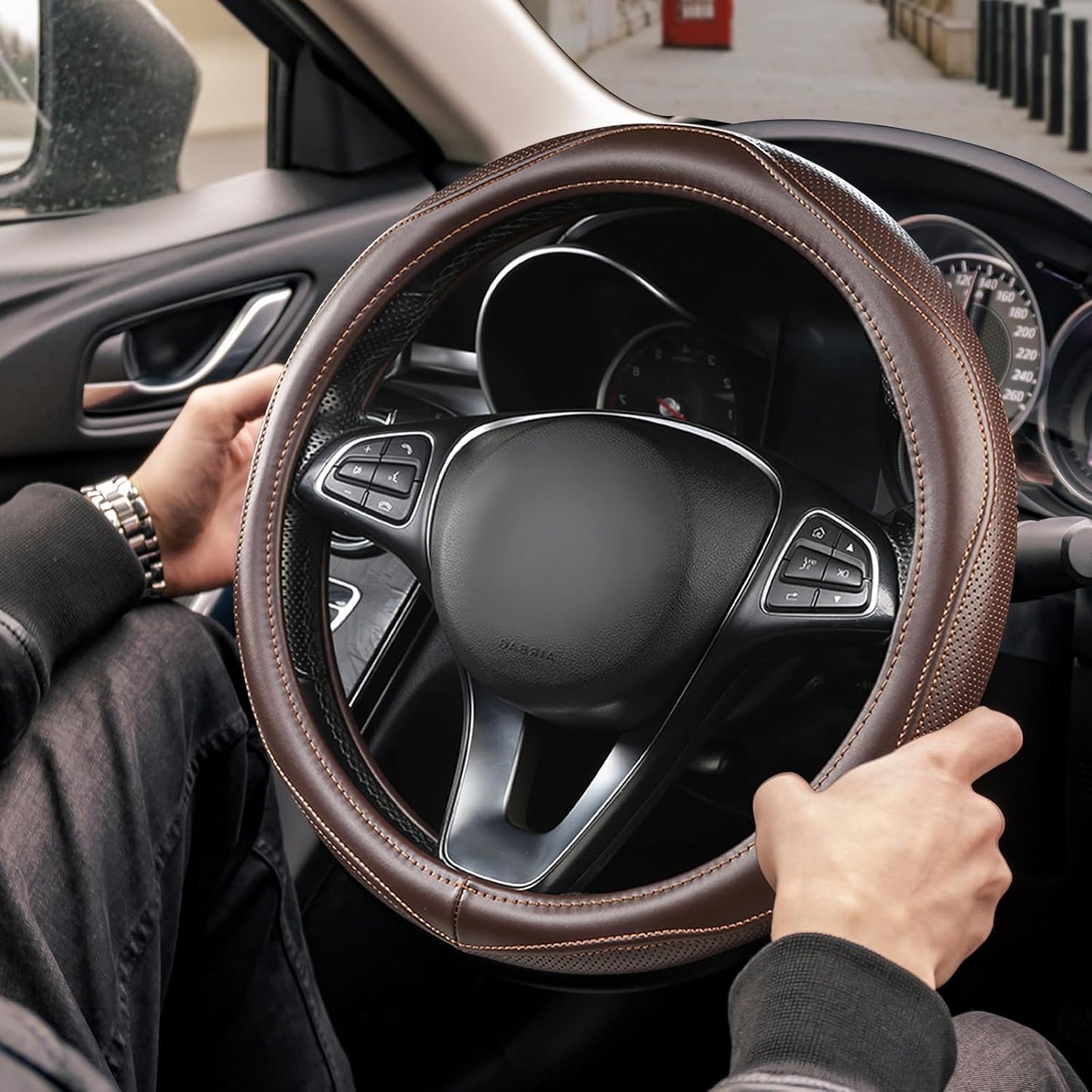 High-Grade Brown Genuine Leather Steering Wheel Cover for Men Women，Real Cowhide Leather Steering Wheel Cover for Cars,Universal 14.5-15 inch Steering Wheels