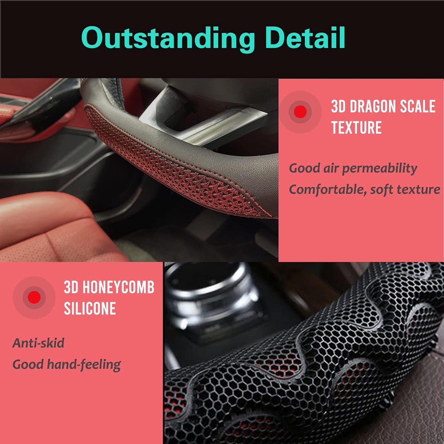 PINCTROT D Shaped 14.5-15 Inch Steering Wheel Cover Great Grip with 3D Honeycomb Anti-Slip Design, Flat Bottom 14.5-15 Inch (Wine Red)