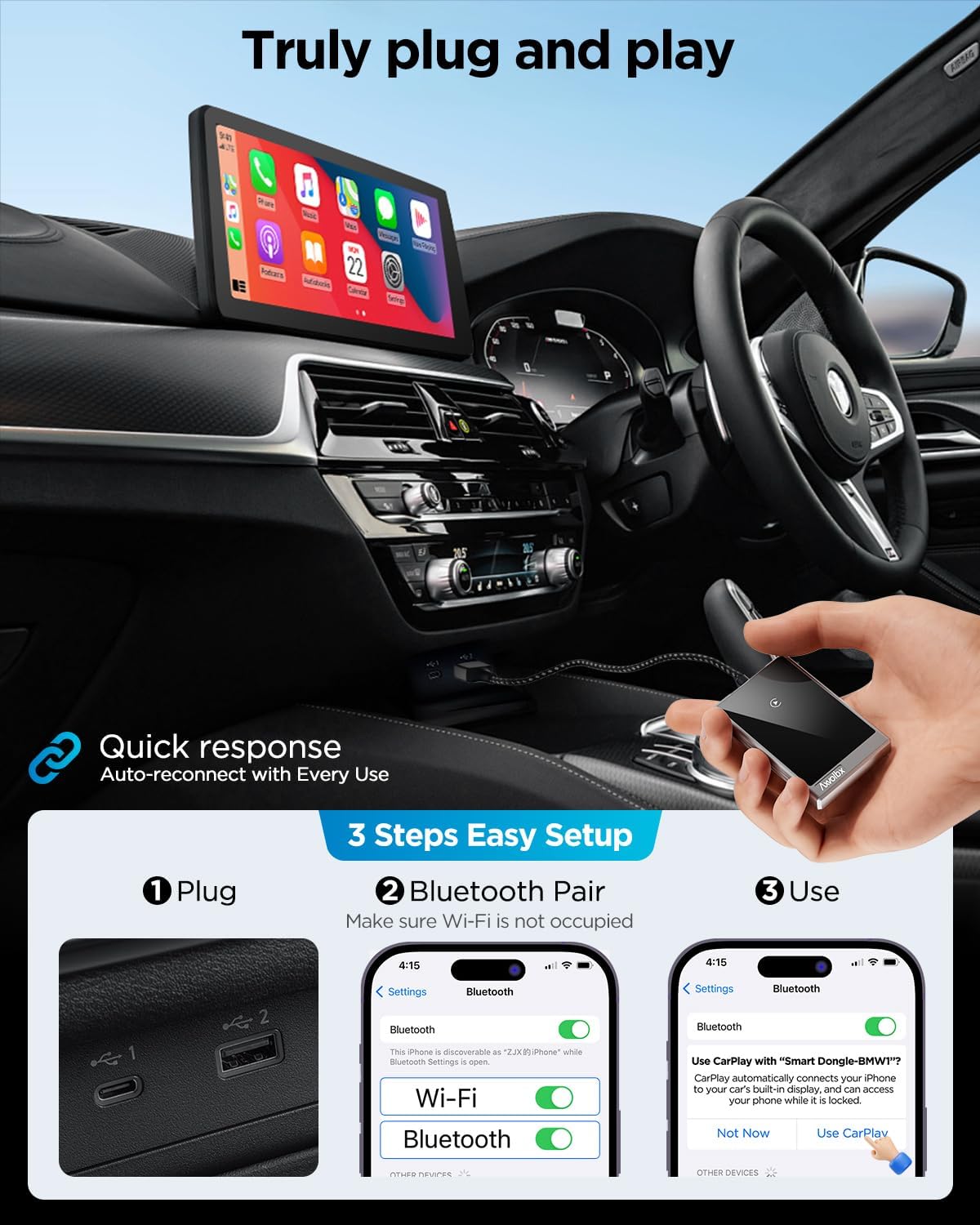 Wireless CarPlay Adapter for iPhone,2024 Upgraded Dual-core 5G Chip,Converts Wired to Wireless Carplay Dongle,Fast Connection Plug & Play, Fit for Cars with Built-in Wired CarPlay (Black Grey)