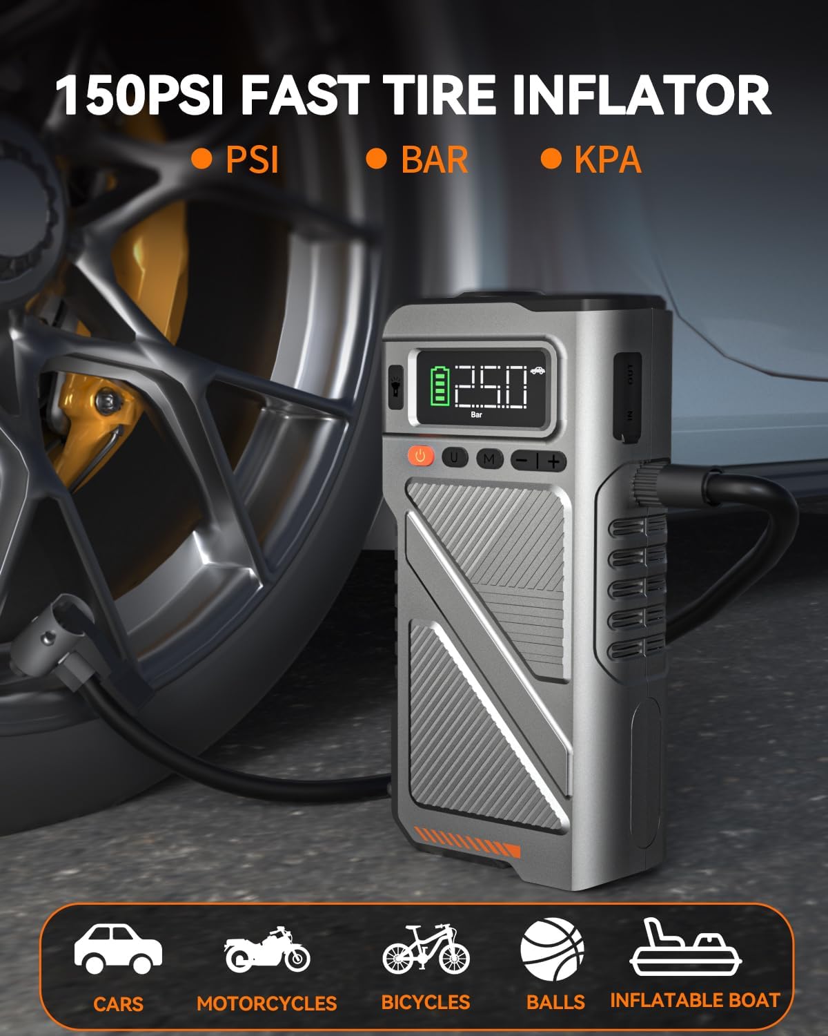 2025 Car Jump Starter with Air Compressor, Portable 6000A 150PSI Car Battery Jump Pack with Digital Tire Inflator for 10L Gas/9L Diesel,12V Power Jump Box