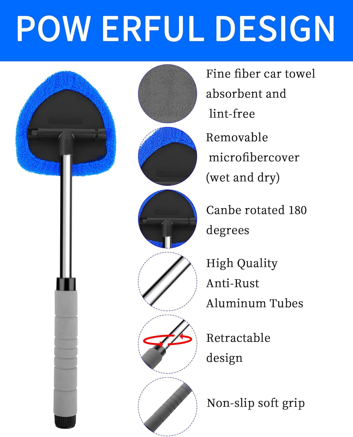 Auto Window Cleaning Tool, Retractable Windshield Cleaner Wand, Car Window Glass Cleaning, Double Sided car Window Cleaner, Microfiber Mirror Cleaning Tool kit. Car Interior Cleaning. (Blue)