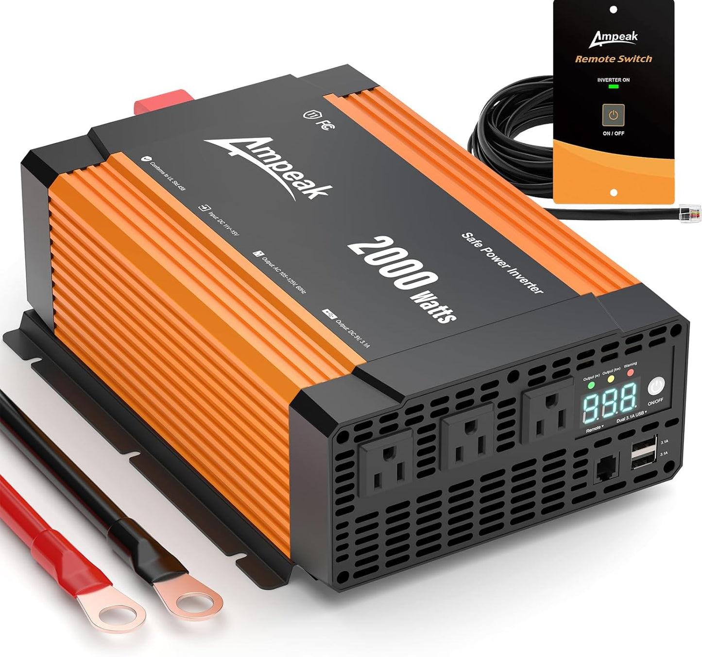 Ampeak 2000W Power Inverter Conversion Efficiency 89.37% Inverter 12V to 110V 3AC Outlets Dual 5V/3.1A USB Ports Modified Sine Power Inverters for Vehicles