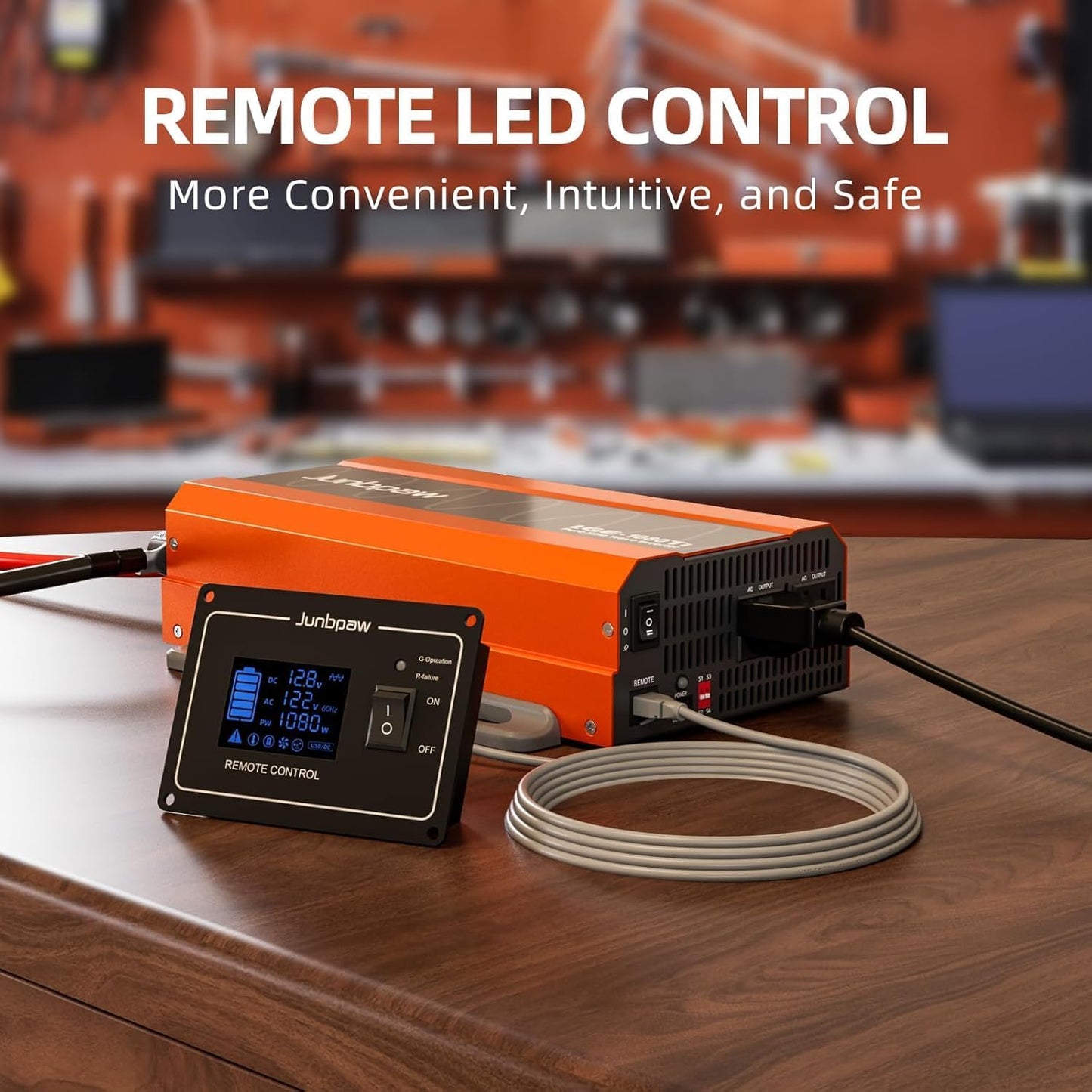 1080 Watt Pure Sine Wave Inverter, Remote Monitor Controller 12V DC to 120V AC Converter for Home, RV, Truck, Off-Grid Solar Power 110V with Built-in 5V/2.1A USB Port, Pre-Charge Function