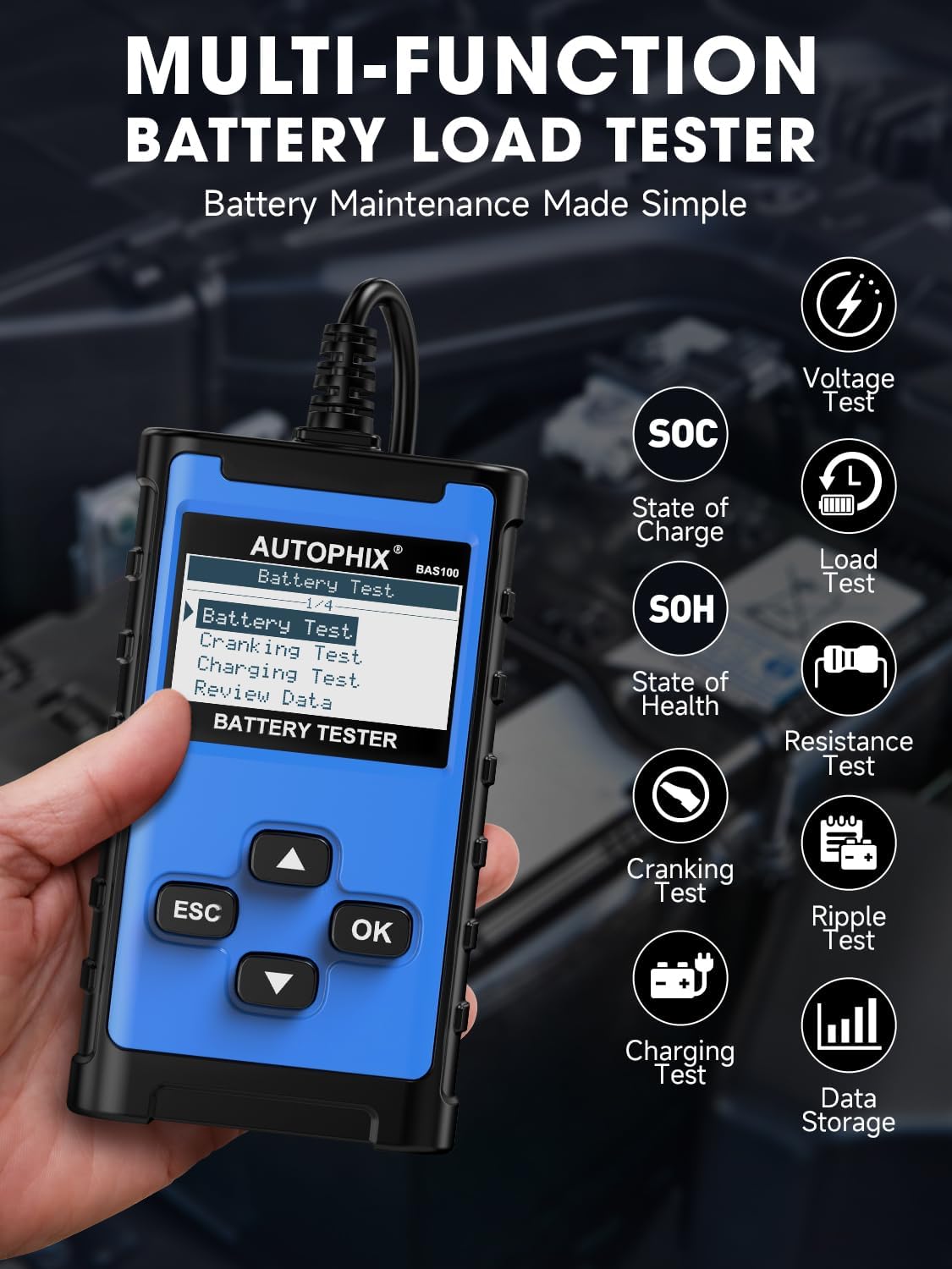 AUTOPHIX BAS100 Car Battery Tester, 12V 24V Load Tester, 100-2000 CCA Digital Automotive Alternator Tester, Auto Battery Analyzer Charging Cranking System Tester for Car Truck Motorcycle Boat and More