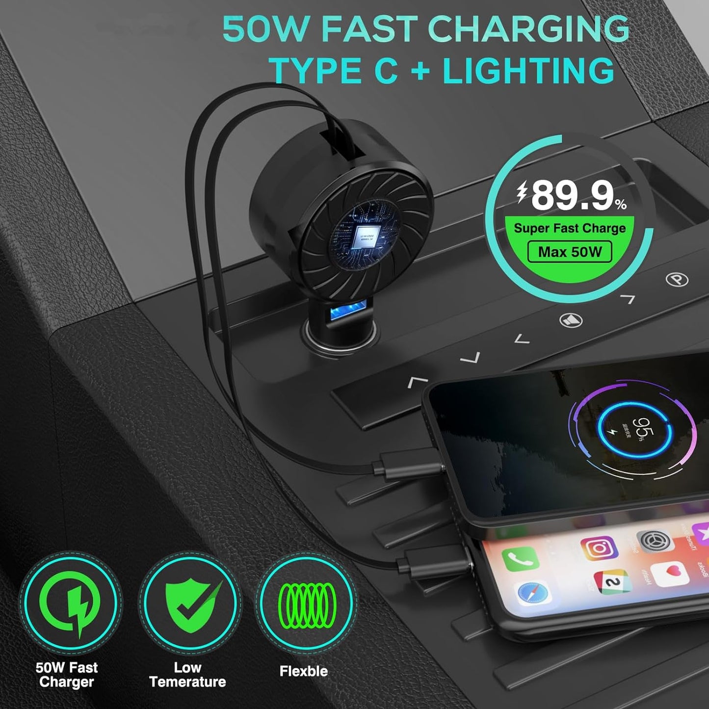 Retractable Car Charger, 3 in 1 Fast Charging Car Phone Charger 50W, Mini Adapter with 2 Cables+1 Port Cigarette Lighter USB C Charging for Apple iPhone 15 Pro/Samsung/Android/Pixle