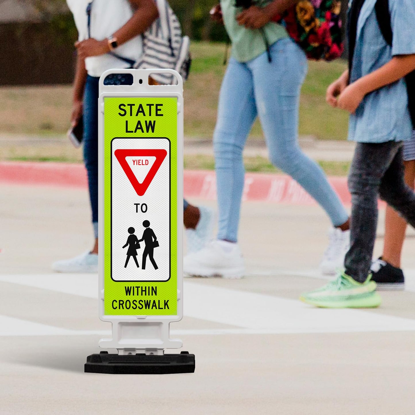 State Law Yield for Pedestrian in Crosswalk R1-6a MUTCD Sign, Double Sided 3M Engineer Grade Reflective, Portable Rubber Base, Impact Resistant Plastic Frame