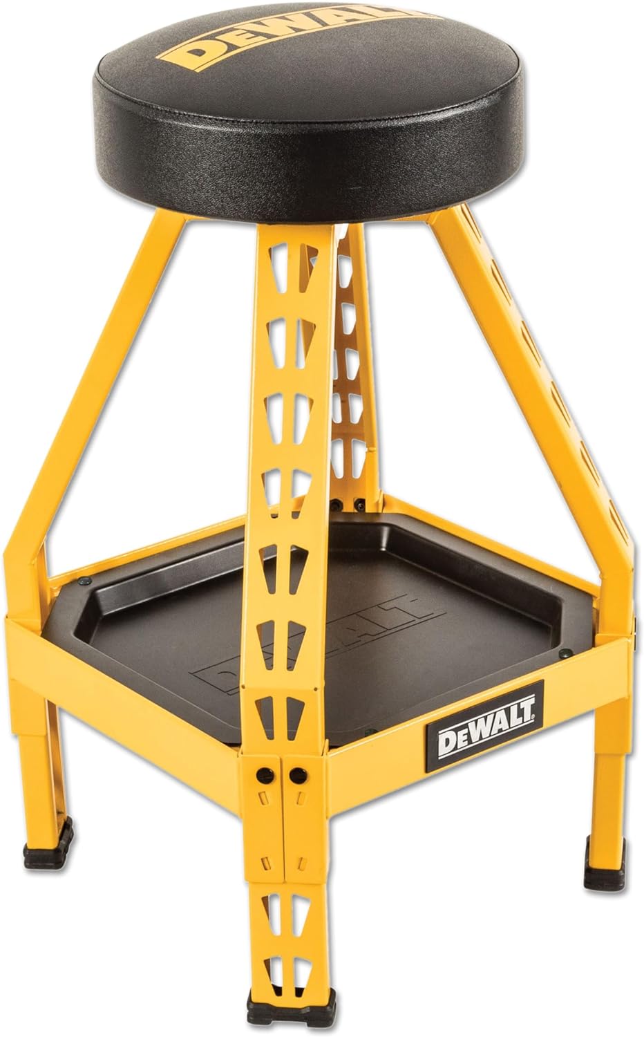DEWALT Heavy-Duty Metal Stool for Garage and Shop, 360 Swivel Seat, Storage Tray, Padded Rip-Resistant Seat, Steel Frame, Industrial Powder Coating