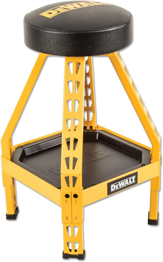 DEWALT Heavy-Duty Metal Stool for Garage and Shop, 360 Swivel Seat, Storage Tray, Padded Rip-Resistant Seat, Steel Frame, Industrial Powder Coating