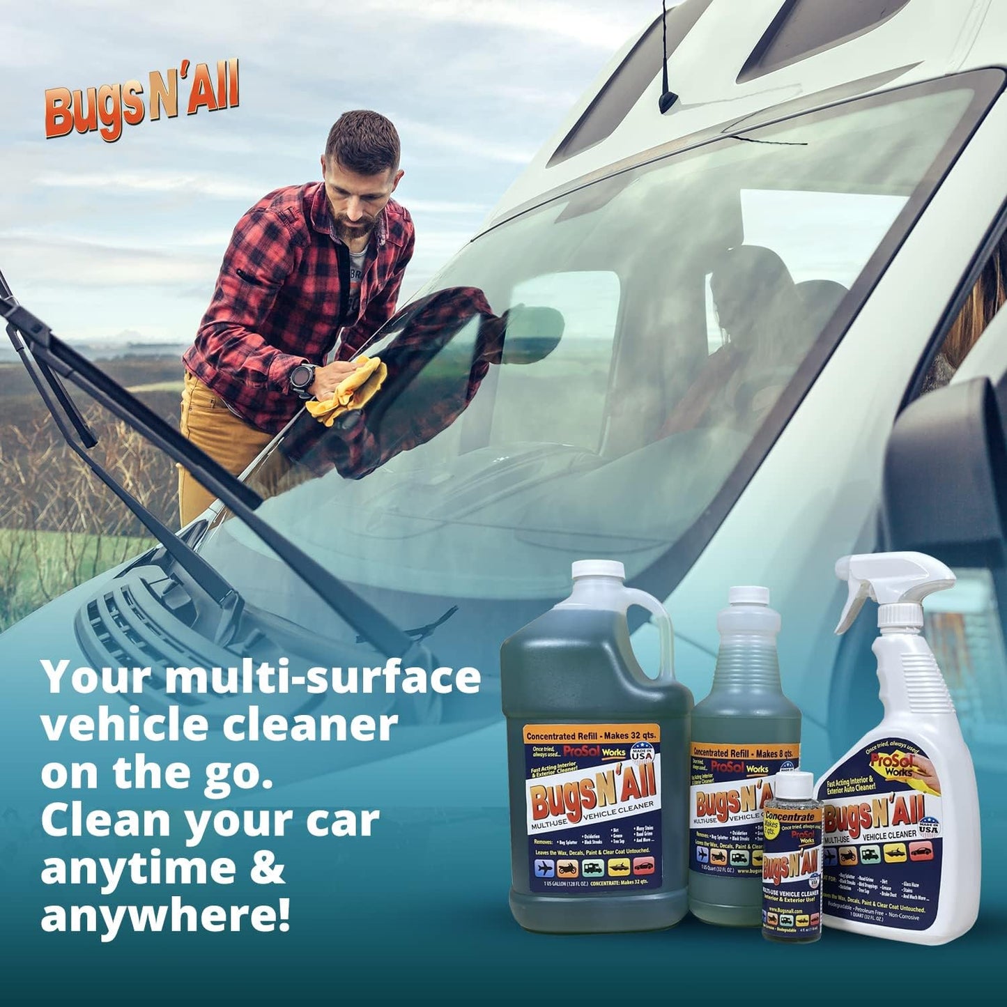 Bugs N’ All Multipurpose Car Cleaner & Degreaser - Bug & Tar Remover Concentrate 1 Gallon - Exterior Cleaner Safe for Car Paint, Metal, Chrome, Aluminum, Windows & Mirrors - w/Free 32 oz Spray Bottle