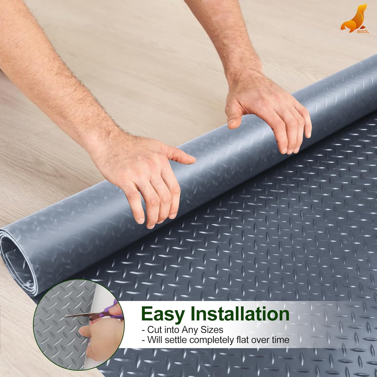 SEAL 5 x 8 Ft Premium Garage Floor Mat, Solid 2.8mm Thick Gray Commercial Grade Heavy Duty Parking Mat for Garage Floor, Golf Cart Parking, Water/Stain Resistant Floor Runner (Embossed Diamond Plate)