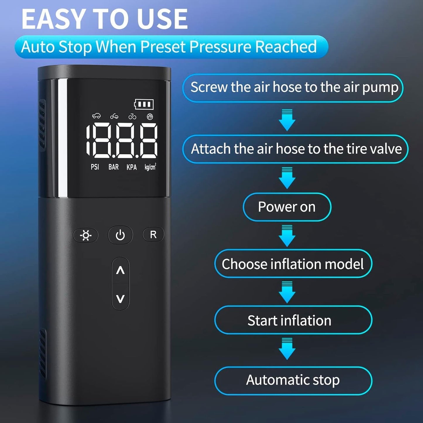 Tire Inflator Portable Air Compressor, Air Pump for Car Tires, Cordless Air Compressor 120 PSI - One Click Smart, Tire Pump for Car, Motorcycle, Bicycle, Balls, with Pressure Gauge, LED Light