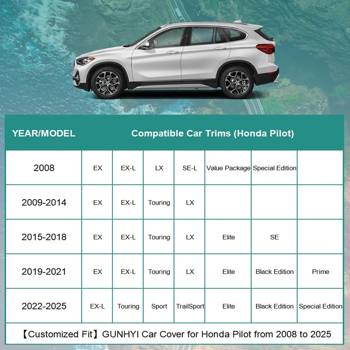 Premium Car Cover Custom Fit Honda Pilot (2008-2025), 16 Layers Heavy Duty Car Cover Waterproof All Weather with Zipper Door for Sun Rain Snow Dust Uv Protection