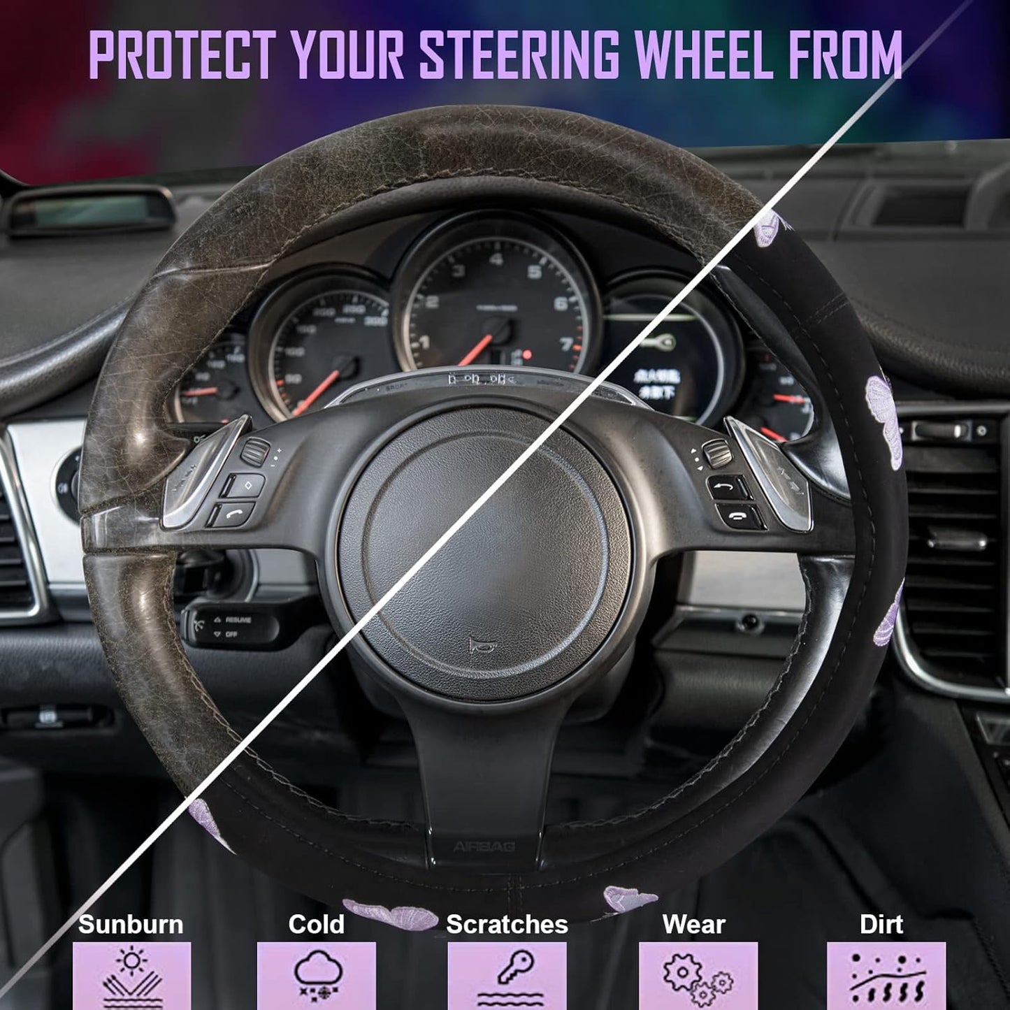 Car Pass Purple Embroidery Butterfly Steering Wheel Cover, Universal 15 Inch Car Wheel Cover for Women Girls, Fit for Suvs,Small Trucks,Sedans,Cars (Black and Purple)