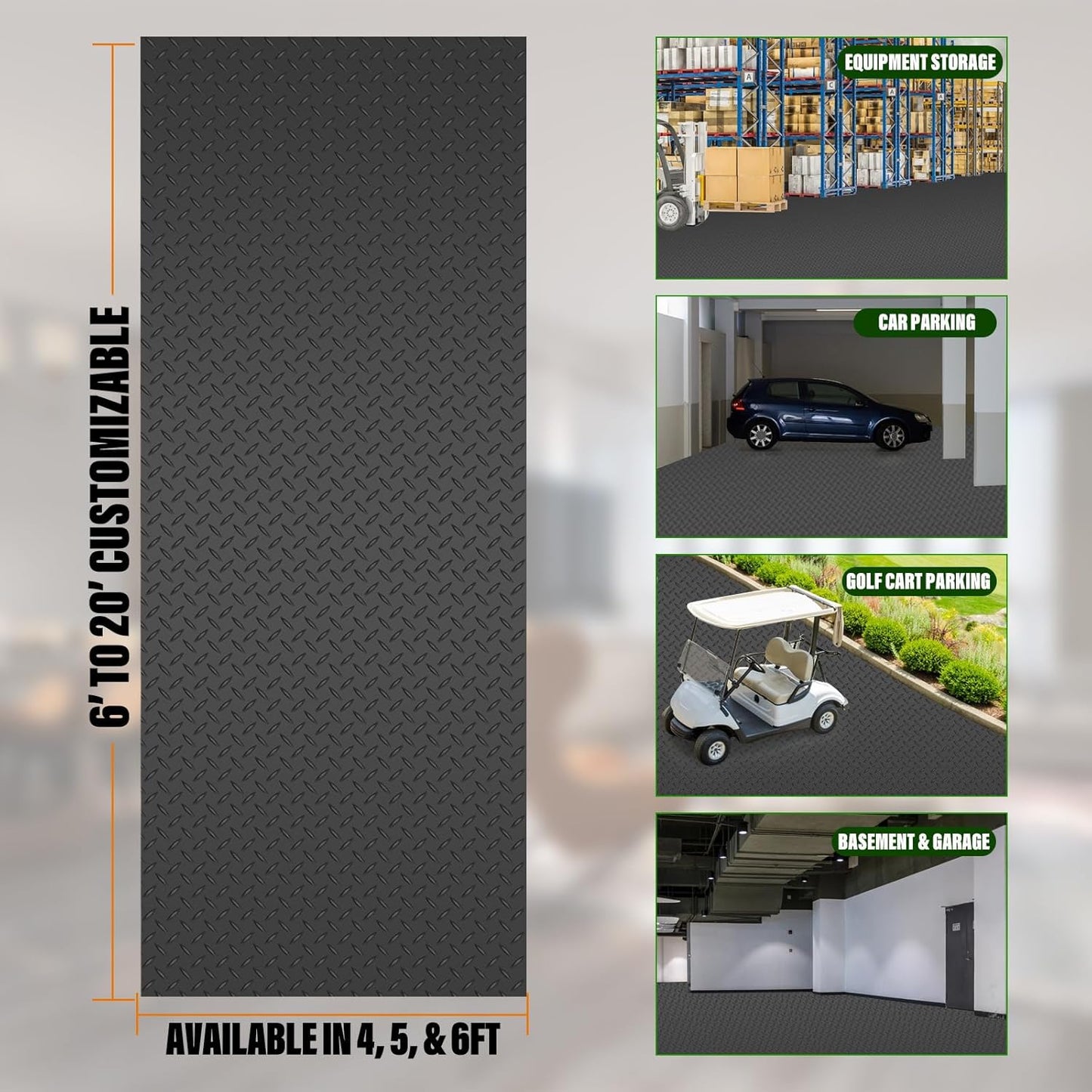 SEAL 4 x 20 Ft Premium Garage Floor Mat, Solid 2.8mm Thickened Black Commercial Grade Heavy Duty Parking Mat for Garage Floor, Golf Cart, Water/Stain Resistant Floor Runner (Embossed Diamond Plate)