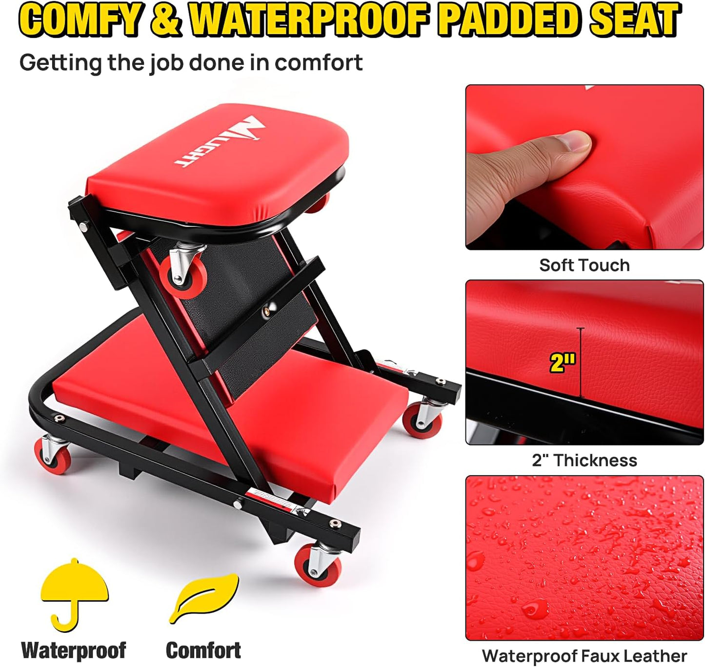 Nilight 40" Z Creeper - 2-in-1 Folding Rolling Mechanic Seat, 40 inches Adjustable Lay-Down or Sit Garage Chair, 330 lbs Capacity, Red Black