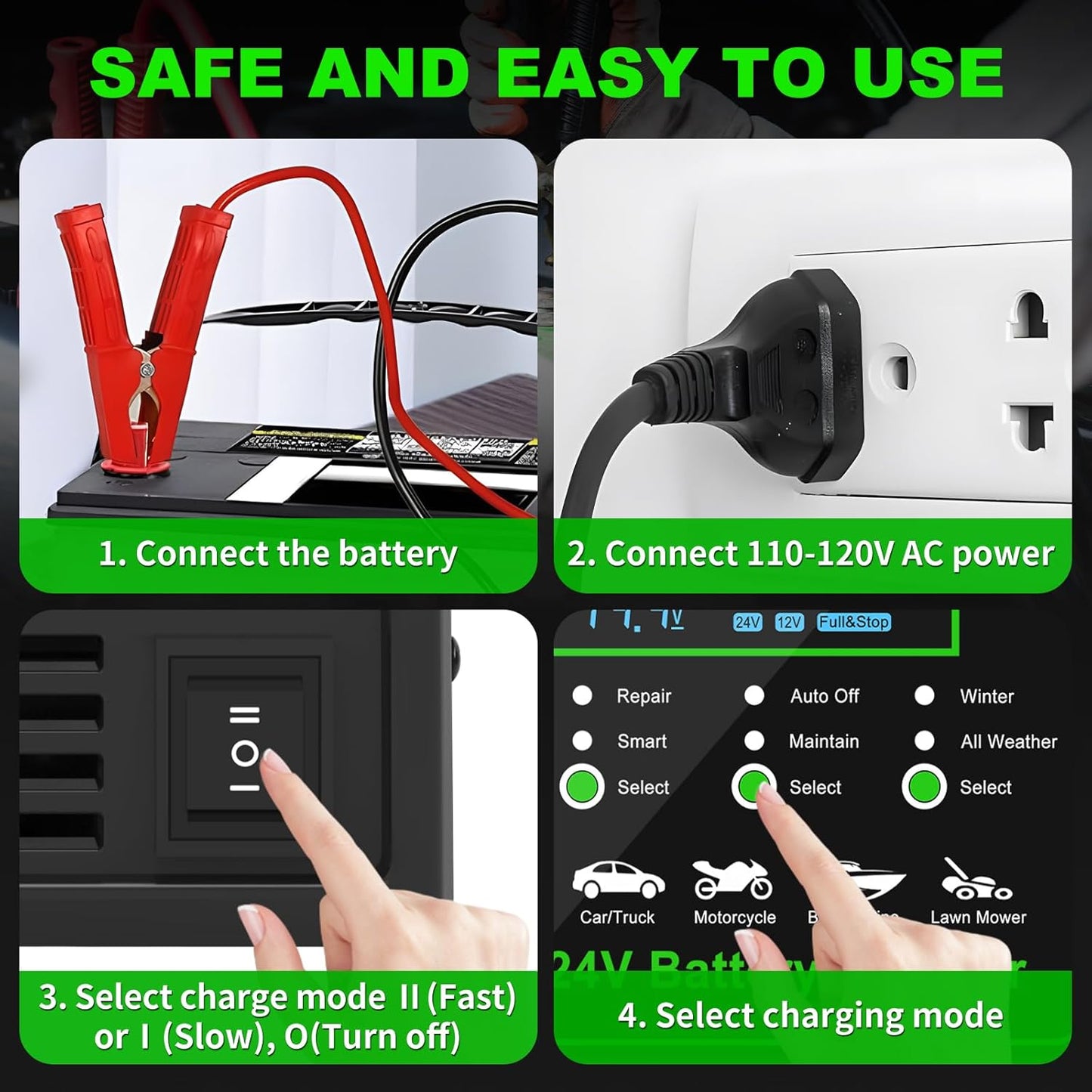 12V/24V Car Battery Charger Heavy Duty, 0-15A Automatic Battery Maintainer with Auto Shutoffs,Repair&Winter Mode,Fast/Slow Rates,Smart Trickle Charger and Desulfator,for Boat Motorcycle Lawn Mower