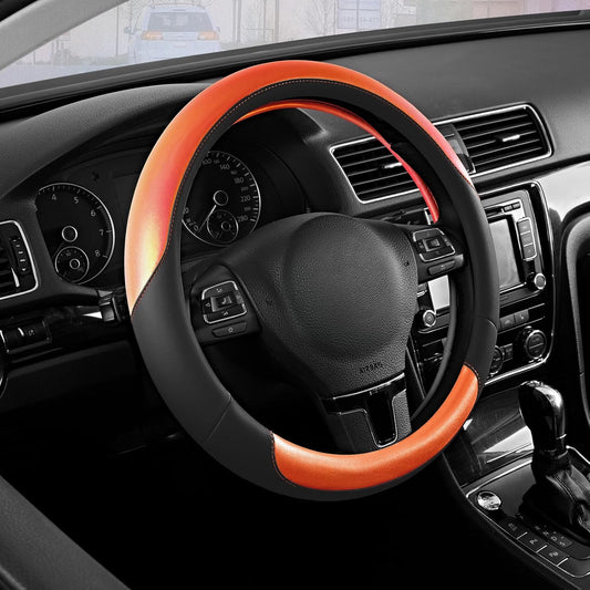 Road Comforts Steering Wheel Cover – Breathable Leather Steering Wheel Cover, Anti-Slip Grip, Universal Fit 14.5” to 15”, Heat & Cold Resistant for Cars, SUVs, and Trucks – Black & Orange