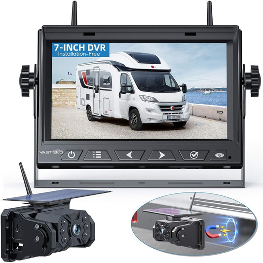 Magnetic Solar Wireless Backup Camera No Installation VASTEND 1080P 7'' RV Backup Camera with 10000mAh Rechargeable Battery for Box Truck Trailer Camper Car Caravan Rearview Reversing Camera (VS-7A)