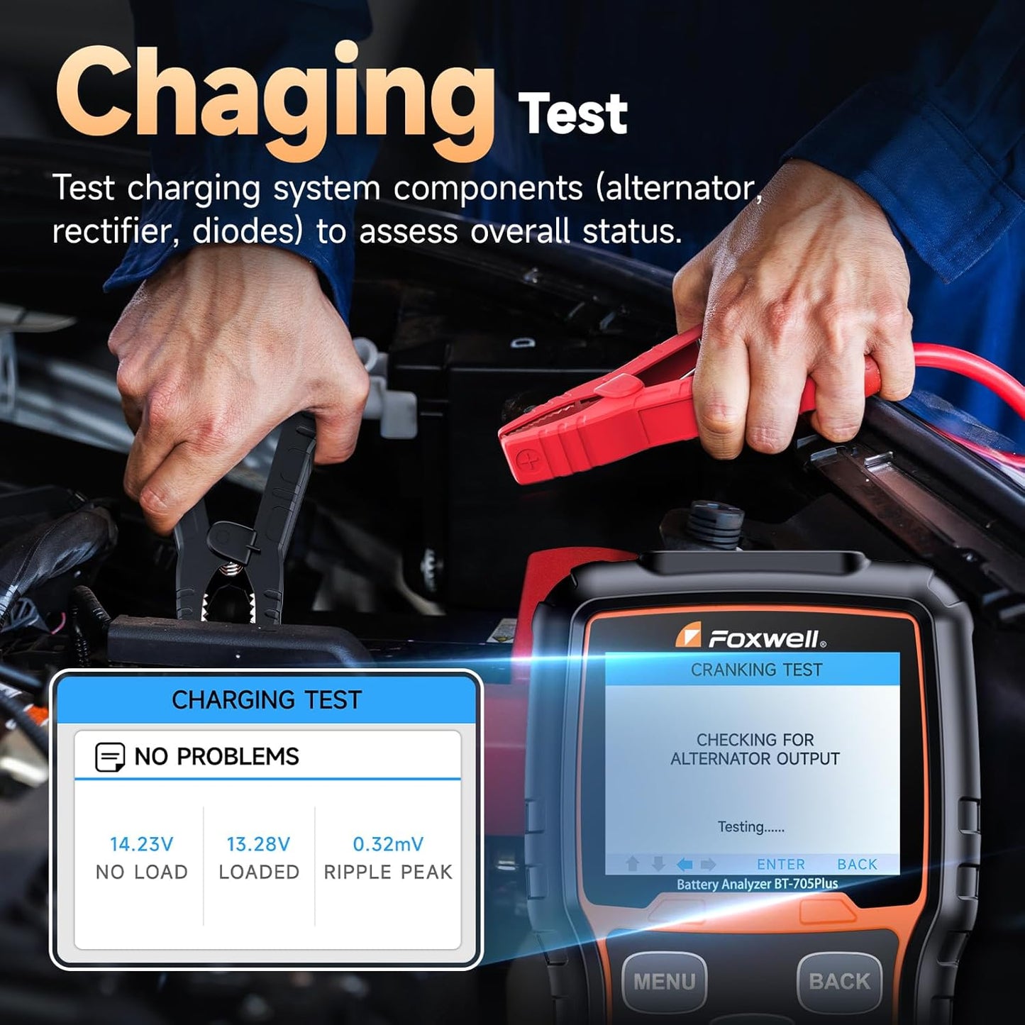 FOXWELL BT705 Plus Car Battery Tester 12V 24V Automotive, 100-2000CCA Battery Load Tester Digital Battery Analyzer Charging System Alternator Tester Cranking Checker for Car Heavy Duty Truck Marine