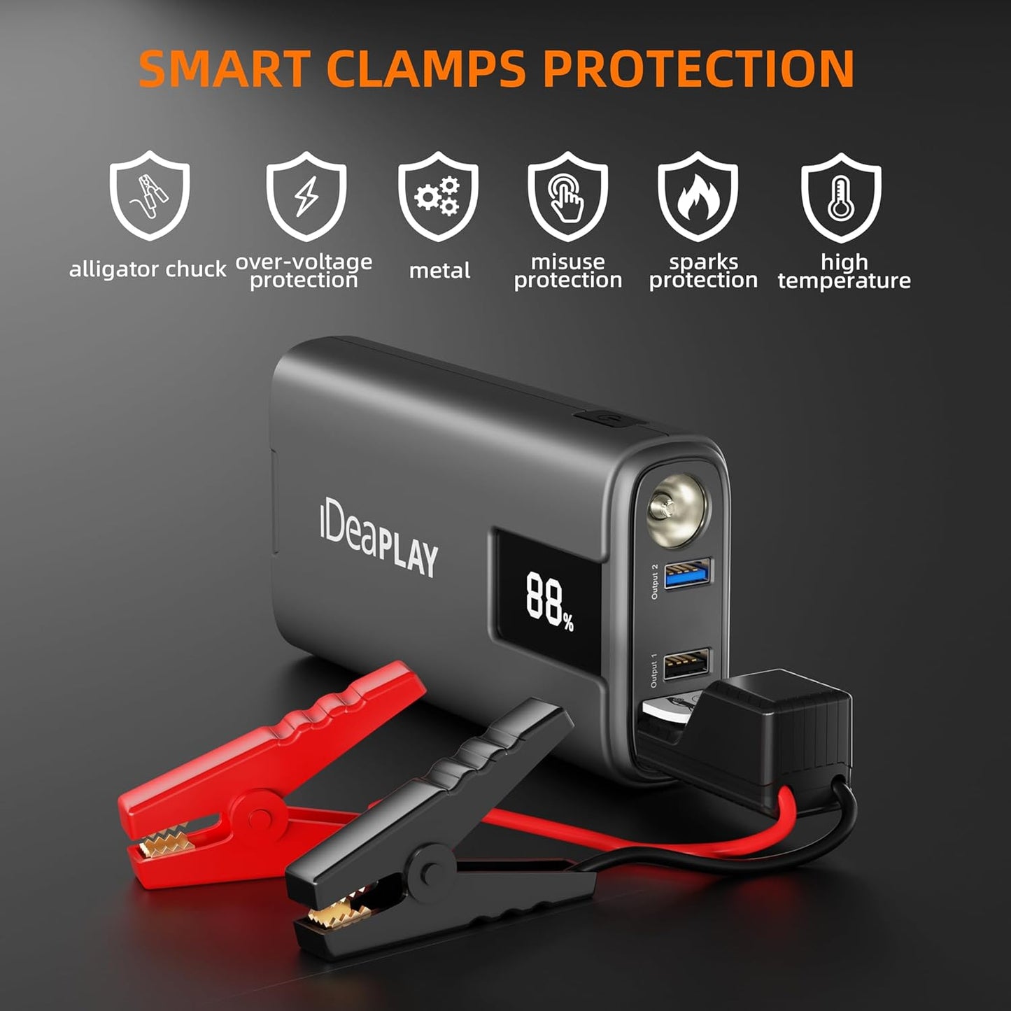 IDEAPLAY J10 Jump Starter, 2000A 12V Car Battery Jump Starter Portable for Up to 8.0L Gas and 7.0L Diesel Engine, Jump Box with Jumper Cables, Type C Fast Charging Battery Jumper with LED Flashlight