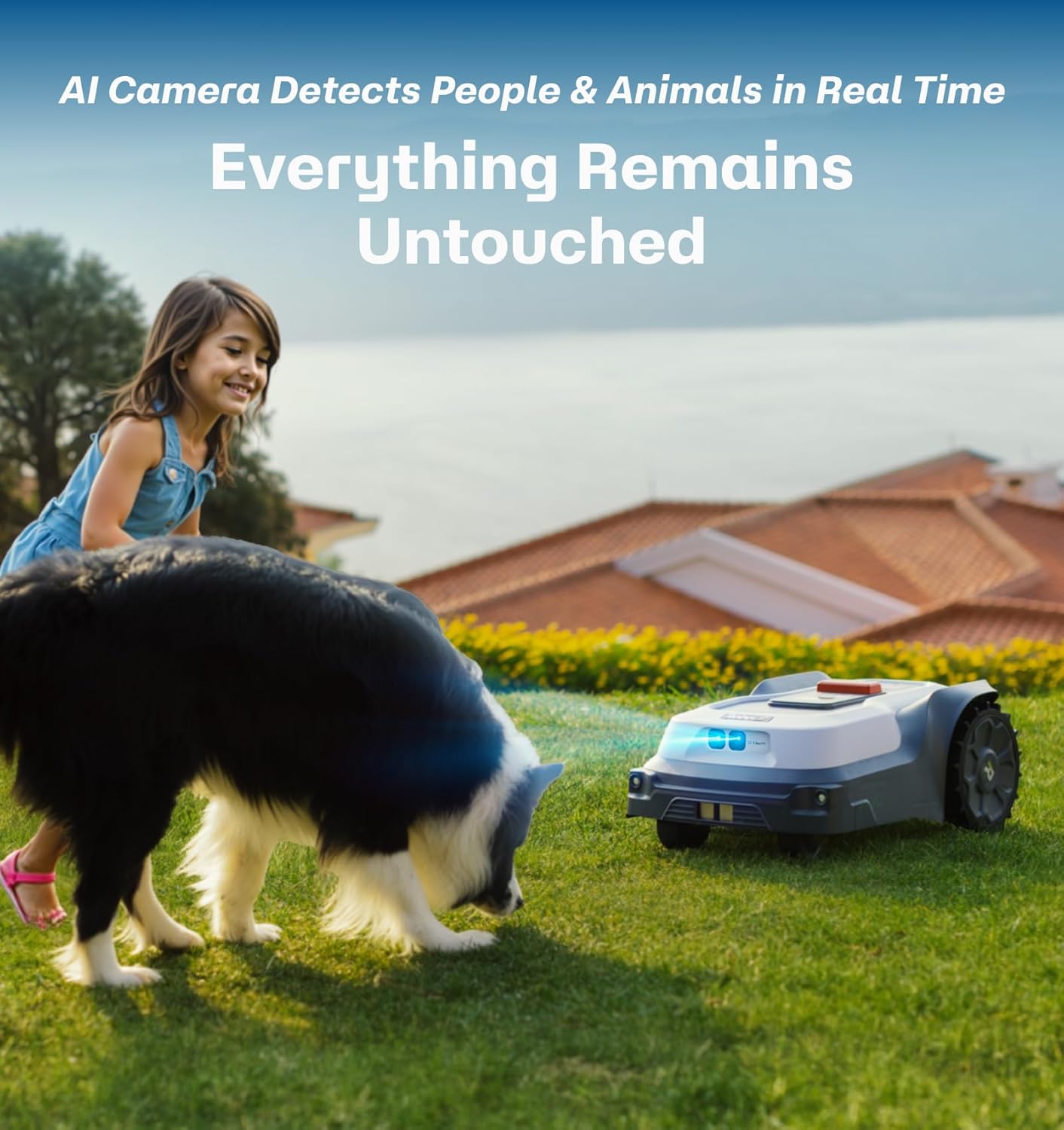 Robot Lawn Mower No Wire T1200Pro 2025 with L-Shape Wall Mount Rod, Automatic Robot Mower, Ride-on Edge Mowing, Multiple Zones Management, AI Obstacle Avoidance, for Lawn Up to 0.37 Acre