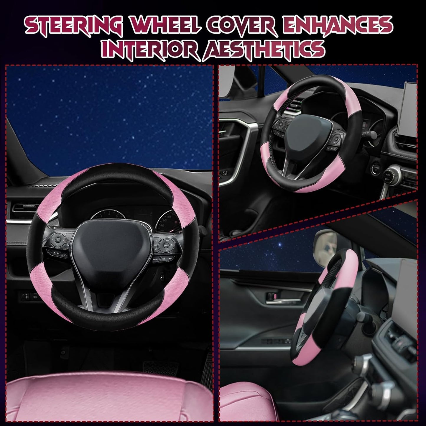 Soft Leather Steering Wheel Cover with Breathable Design and Anti-Slip Grip, Fully Compatible with Tesla, Toyota, Honda, Nissan 14.2-14.96 inch Round Steering Wheel（Sedans and SUVs）
