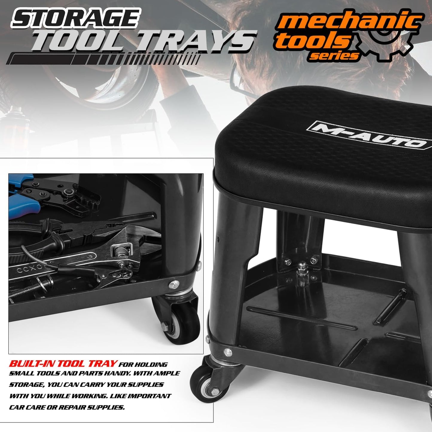 M-AUTO Heavy Duty Garage Rolling Work Seat 300LBS Capacity Mechanics Stool with Wheels, Rolling Work Seat with Equipment Tray and Tool Rack, Rectangle Seat Mechanic Roll Chair, Black