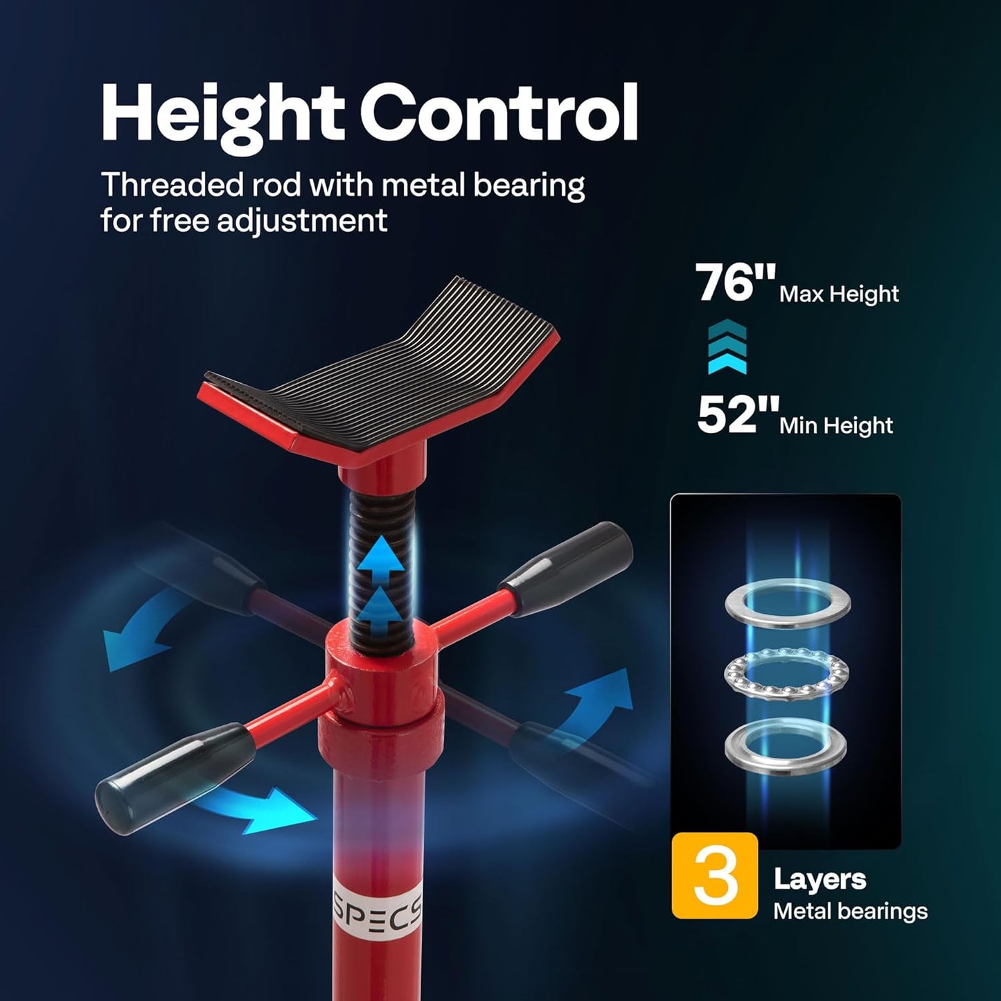 SPECSTAR Movable Underhoist Support Stand, 3/4 Ton 1650Lbs Capacity Jack Stand Lifting from 52 to 76 Inch with Replaceable Saddle and Steel Base