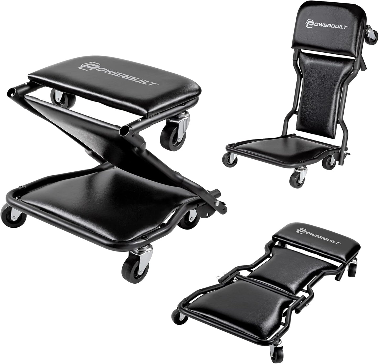 Powerbuilt 42-Inch Triplex Folding Creeper, Rolling Seat, and Brake Stool, All-in-One Adjustable Roller Garage Chair, Lay Down or Sit, Black 620469