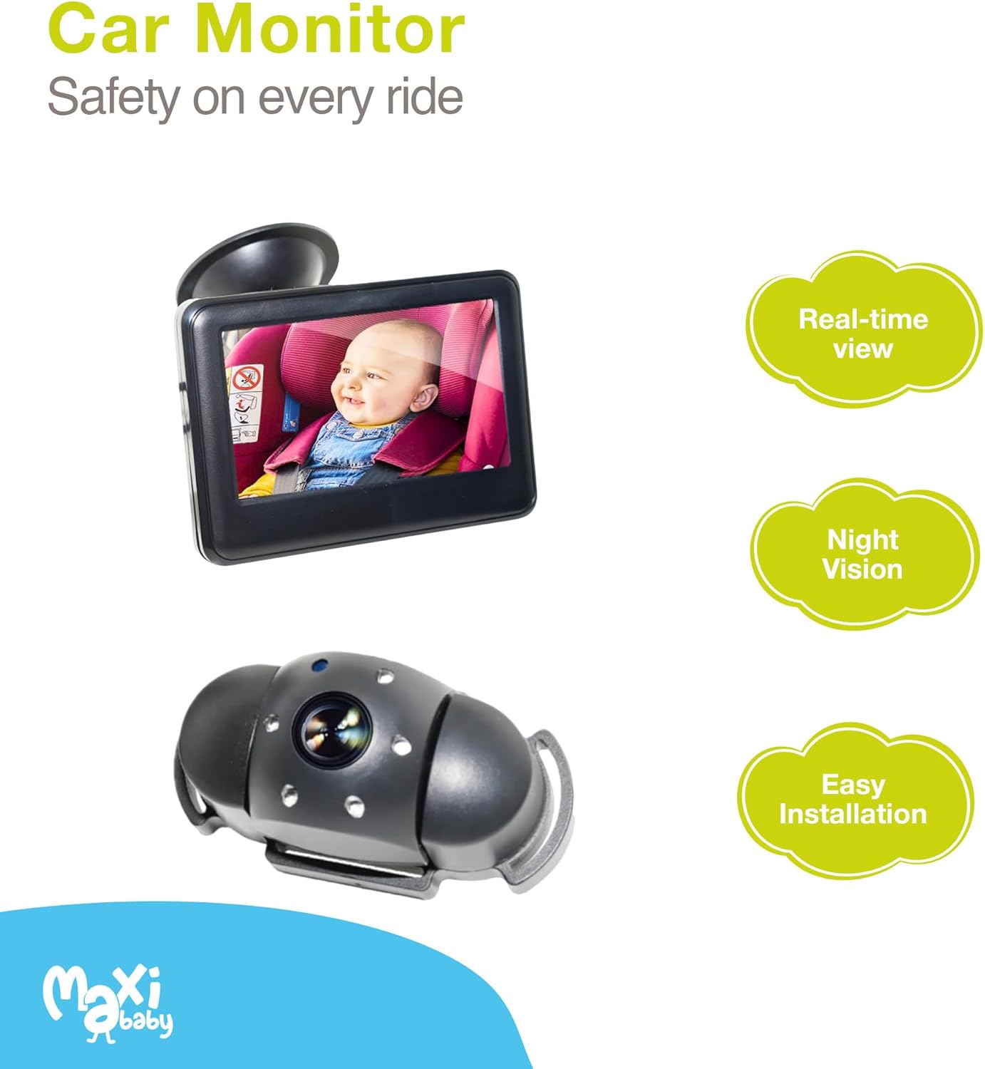 Baby car seat mirror camera - BabyCam 4.3" LCD Rear Seat Mirror - Wide-Angle Camera & Night Vision - Easy Plug & Play Install - Safe Baby Monitoring in Car - Maxi Baby