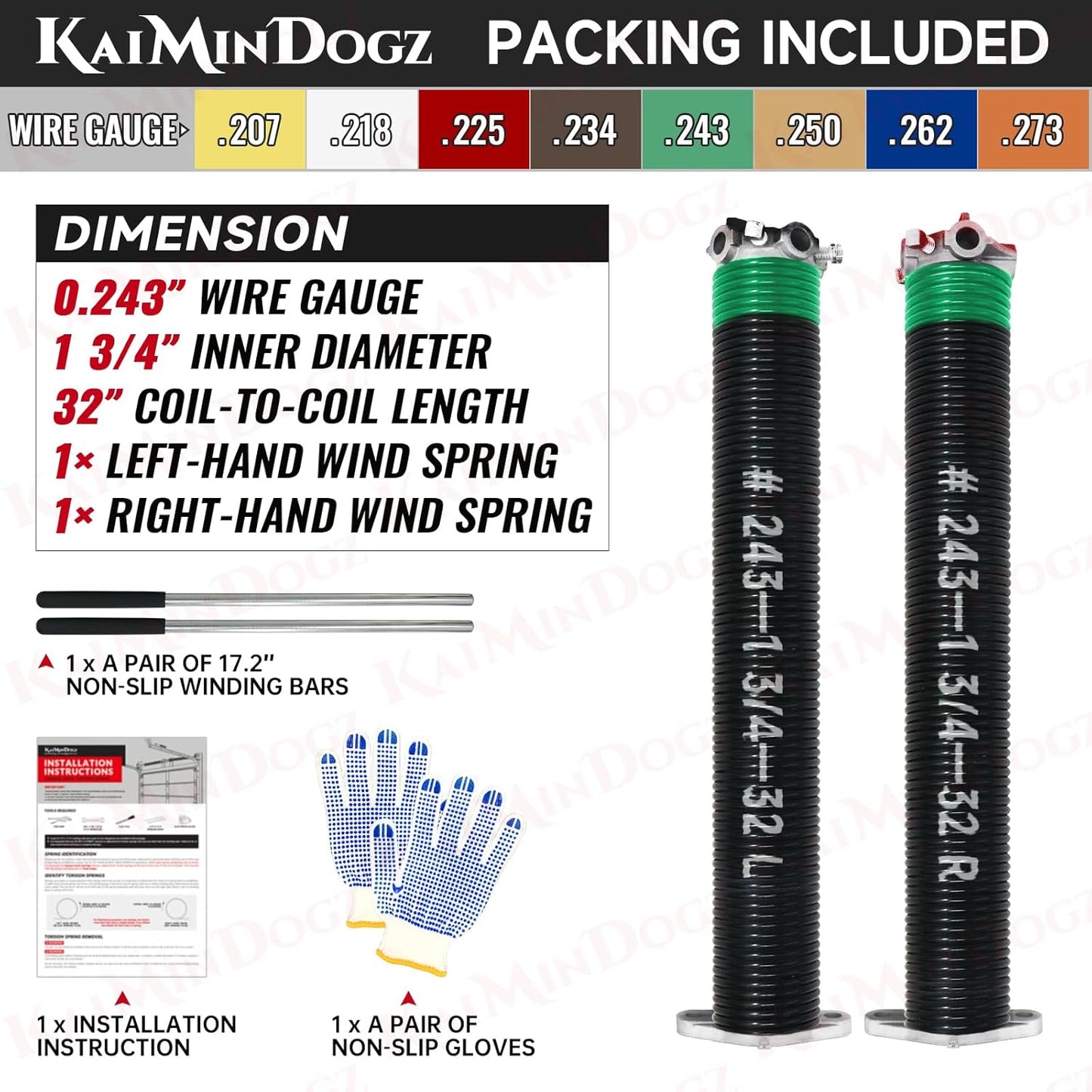 Pair of 1.75" Garage Door Torsion Springs Set with Non-Slip Winding Bars&Gloves, High Precision Electrophoresis Oil-Free Black Coated for Replacement, MIN 16,000 Cycles (0.243 x 1.75"x 32")