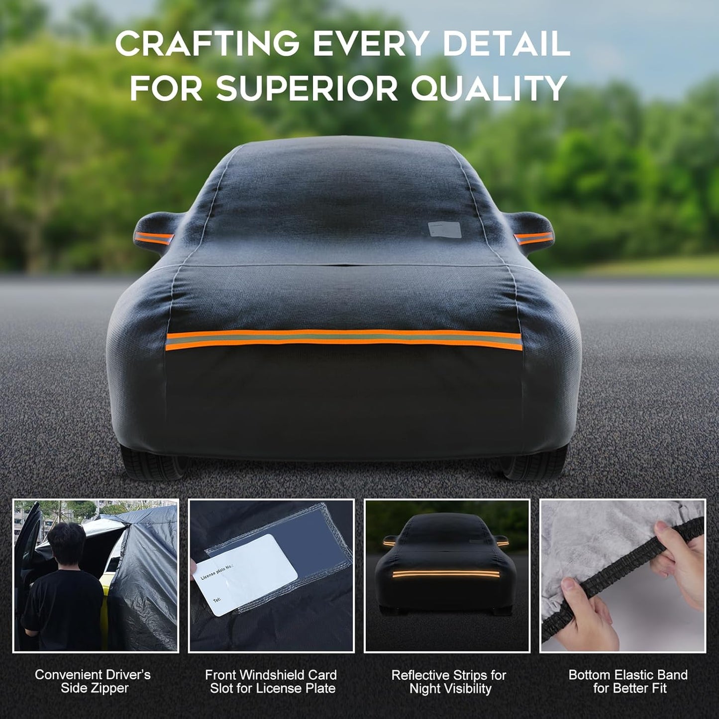 Hatchback Car Cover Waterproof All Weather for Automobiles，Outdoor Heavy Duty Full Exterior Covers with Zipper Door, Rain Sun Snow Dust UV Protection, Windproof Straps & Reflective Strips(Up to 165")