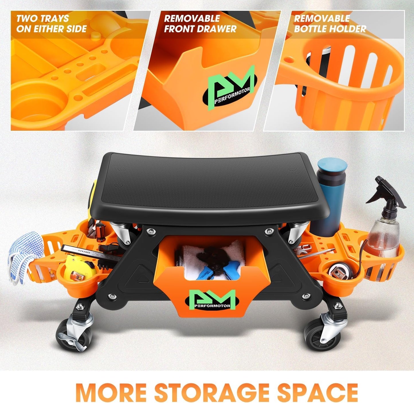 PM PERFORMOTOR Mechanic Stool - 25-1/2" x 13" x 12" (L x H x W), Rolling Work Seat w/Lockable Swivel Wheels and Storage Tool Tray, Orange,PM-TOL-CRS-OG