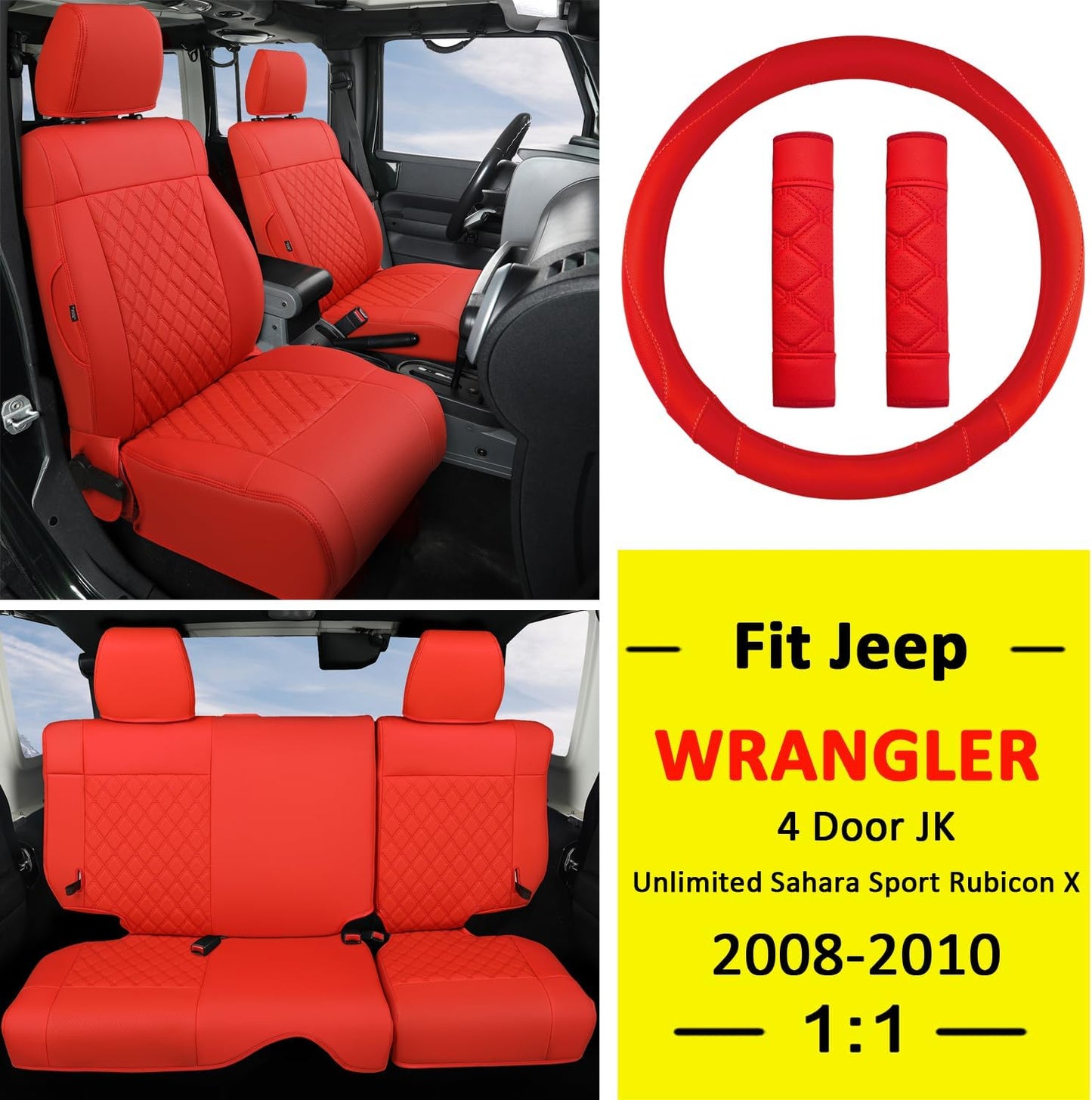 GIANT PANDA Customized Full Set Car Seat Covers for Jeep Wrangler 4 Door JK Unlimited Sahara Sport Rubicon X 2008 2009 2010, Faux Leather - (Red)