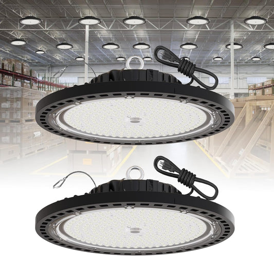 2 Pack UFO LED High Bay Light 250W, 35000 LM, 5000K with 5ft Power Cord, US Plug, Bright LED Shop Light for Basement Commercial Factory Garage Lighting, IP66 Waterproof, AC110-277V, ETL Listded