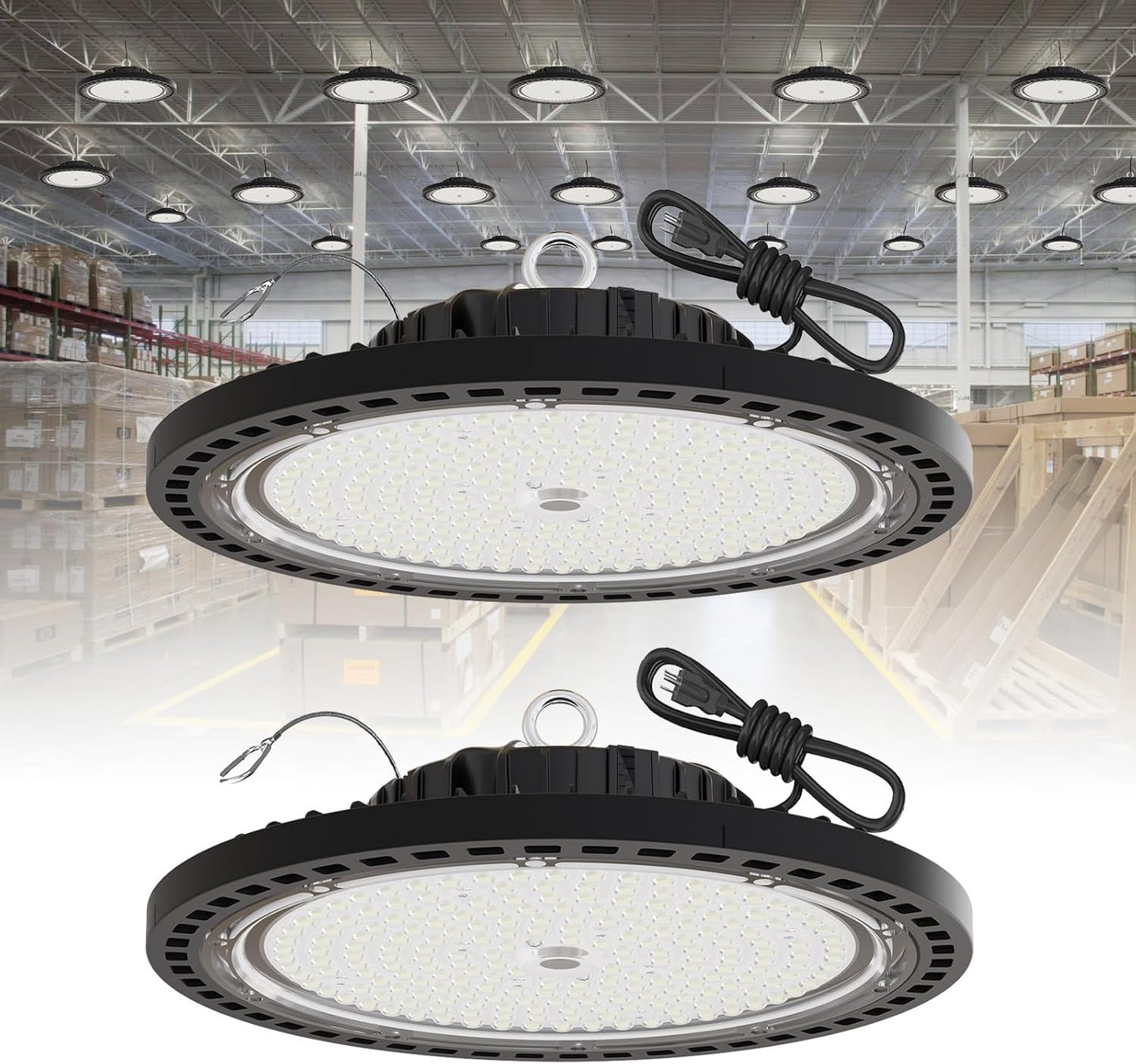 2 Pack UFO LED High Bay Light 150W, 21000 LM, 5000K with 5ft Power Cord, US Plug, Bright LED Shop Light for Basement Commercial Factory Garage Lighting, IP66 Waterproof, AC110-277V, ETL Listded
