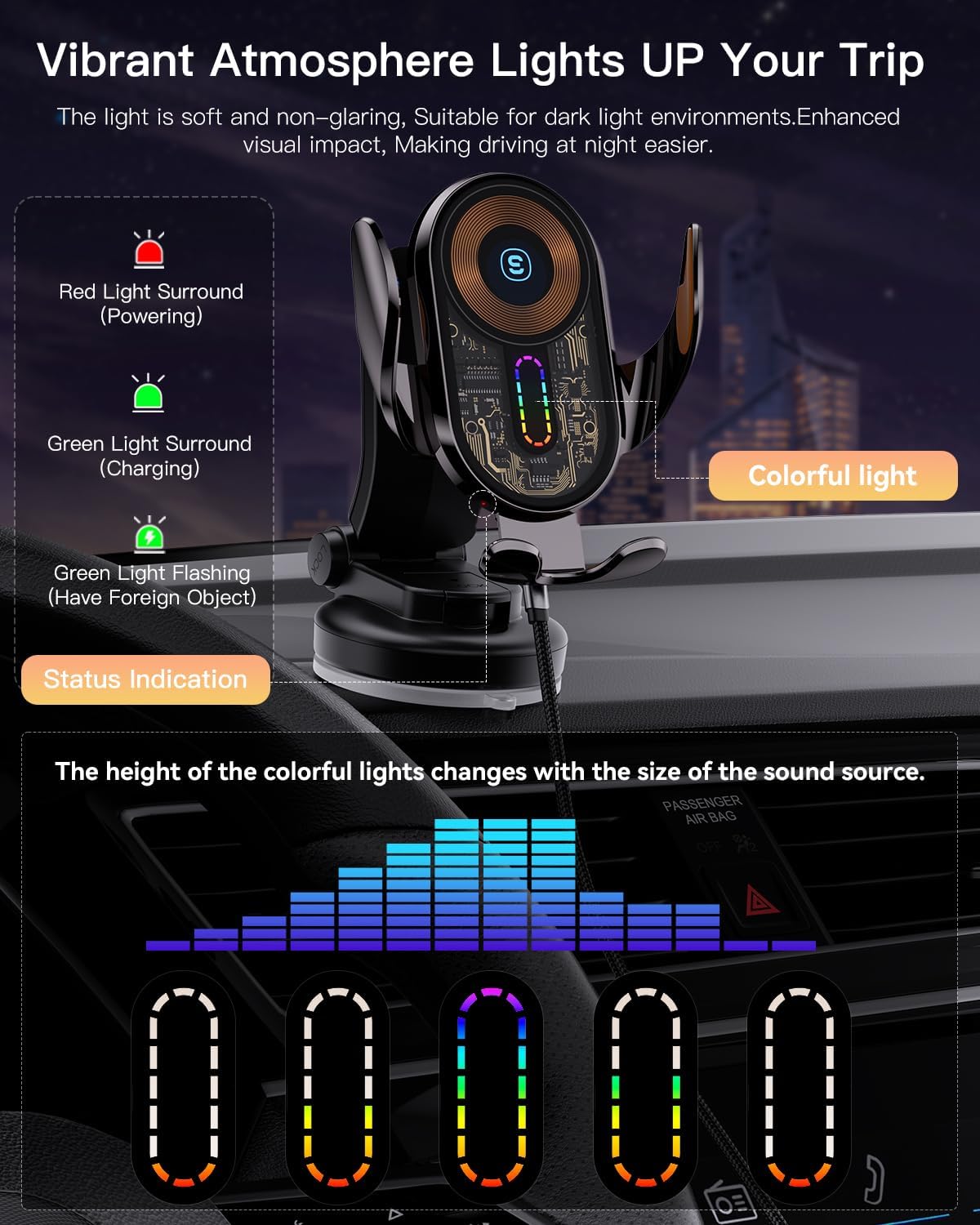 Wireless Car Charger, ESSAGER 15W Fast Charging Car Phone Holder Mount Auto Clamping Cell Phone Stand for iPhone 15 14 13 12 11 Pro Max, Samsung Galaxy S23 S22 S21
