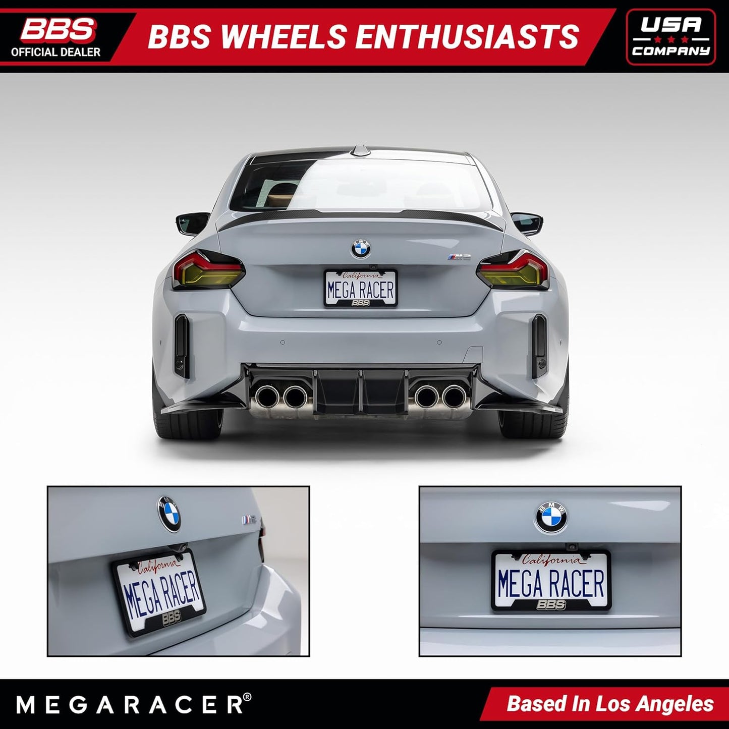 BBS Official Black Stainless Steel License Plate Frame – Made in USA – Premium Rustproof Powder-Coated Metal Car Accessory – Universal Fit – 1 Pack